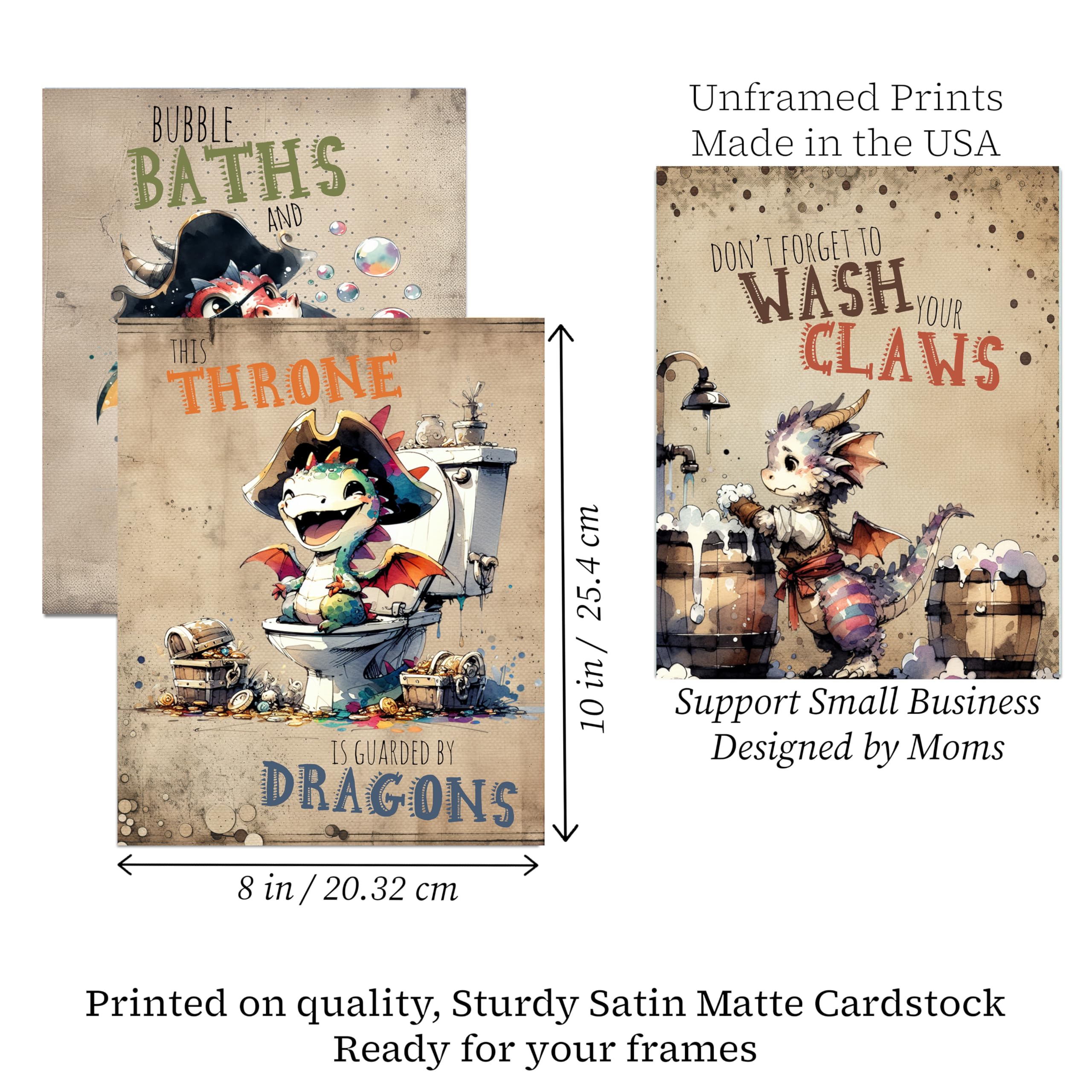 Funny Dragon Bathroom Wall Art Prints - Kids Decor, 8x10