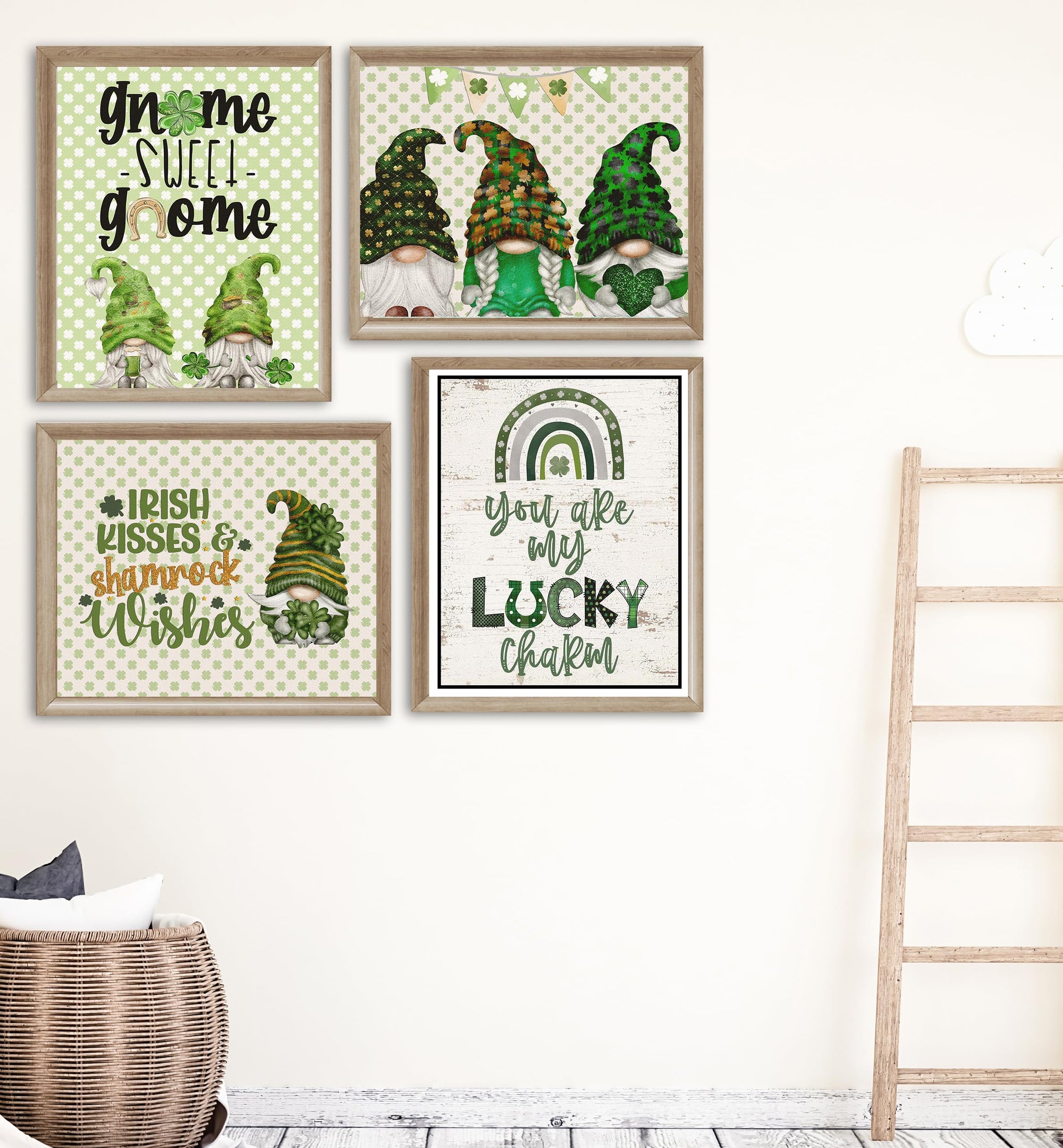 St Patrick's Day gnome shamrock bathroom wall art print holiday set