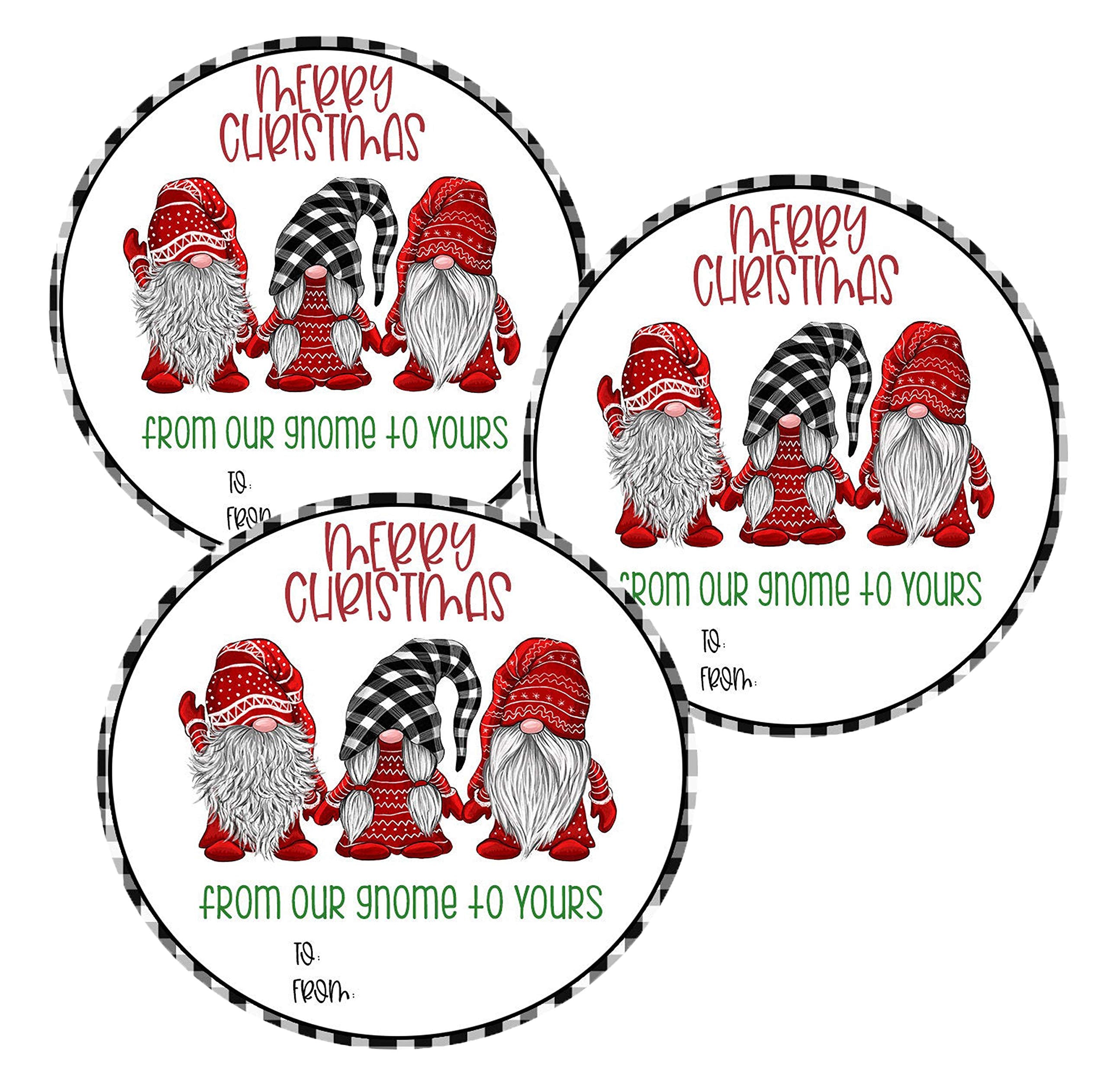 Gnome Buffalo Plaid Black White Check Christmas Holiday Gift Tag Labels Stickers