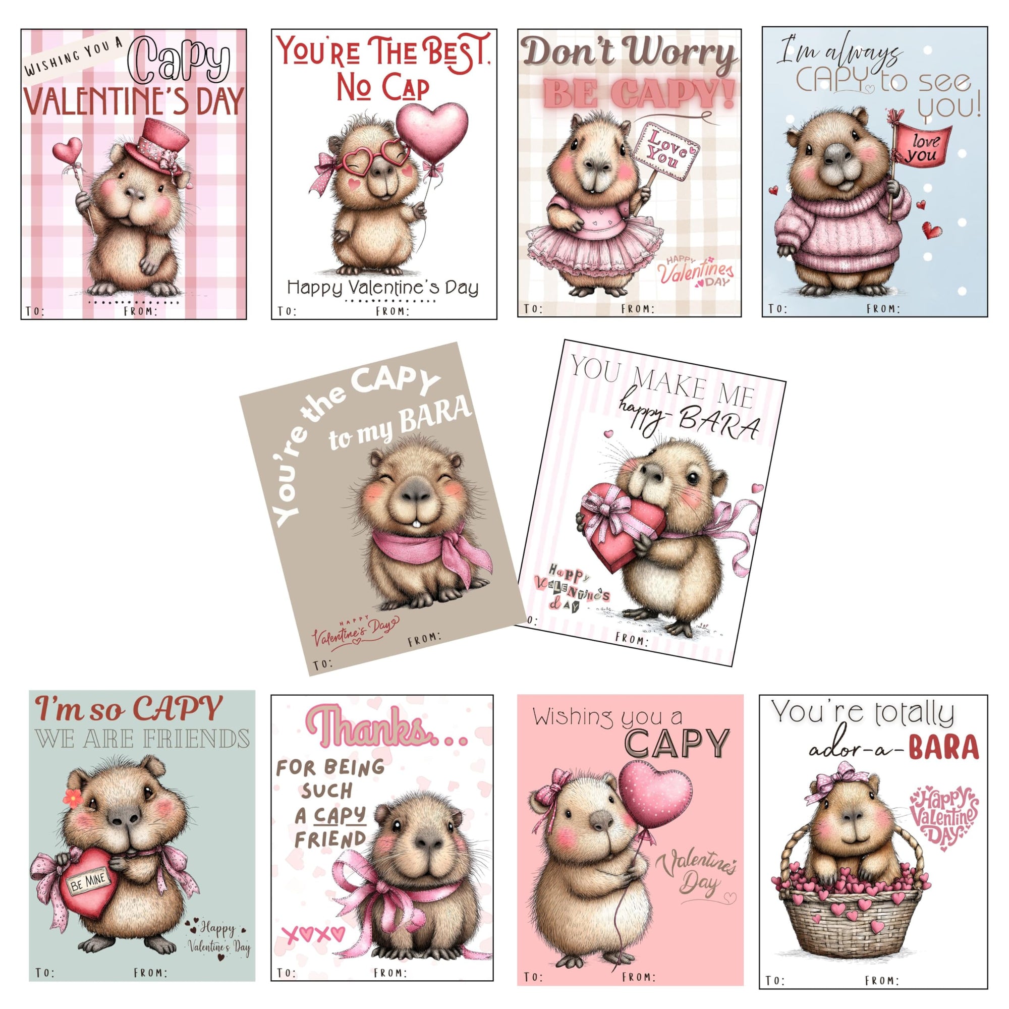 Cute Capybara Valentine Day Classroom Sharing Cards (Set of 24) Party Exchange - Wishing You a Capy Valentine's Day