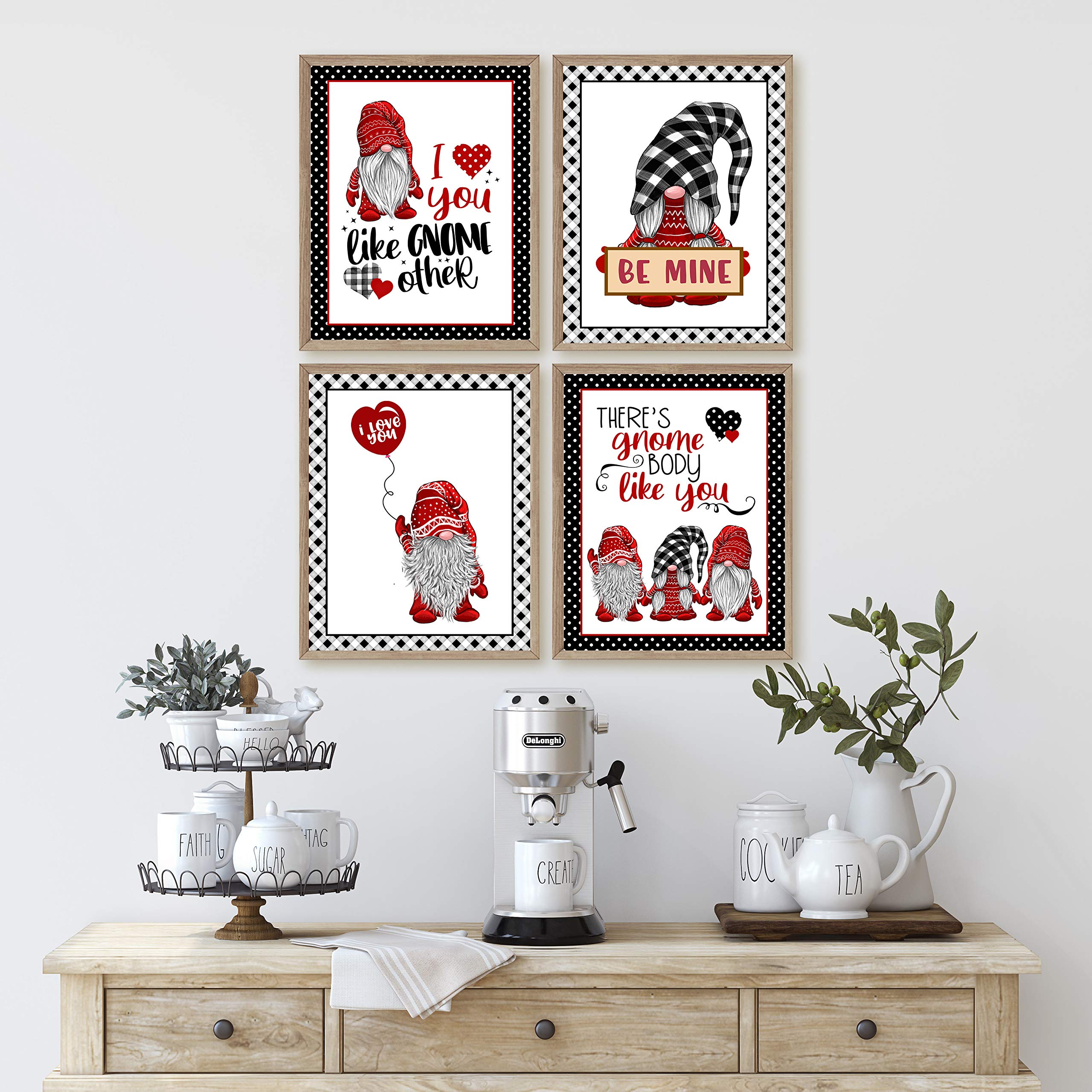 Valentine gnome art print framed on a wall as Valentine's Day home decor