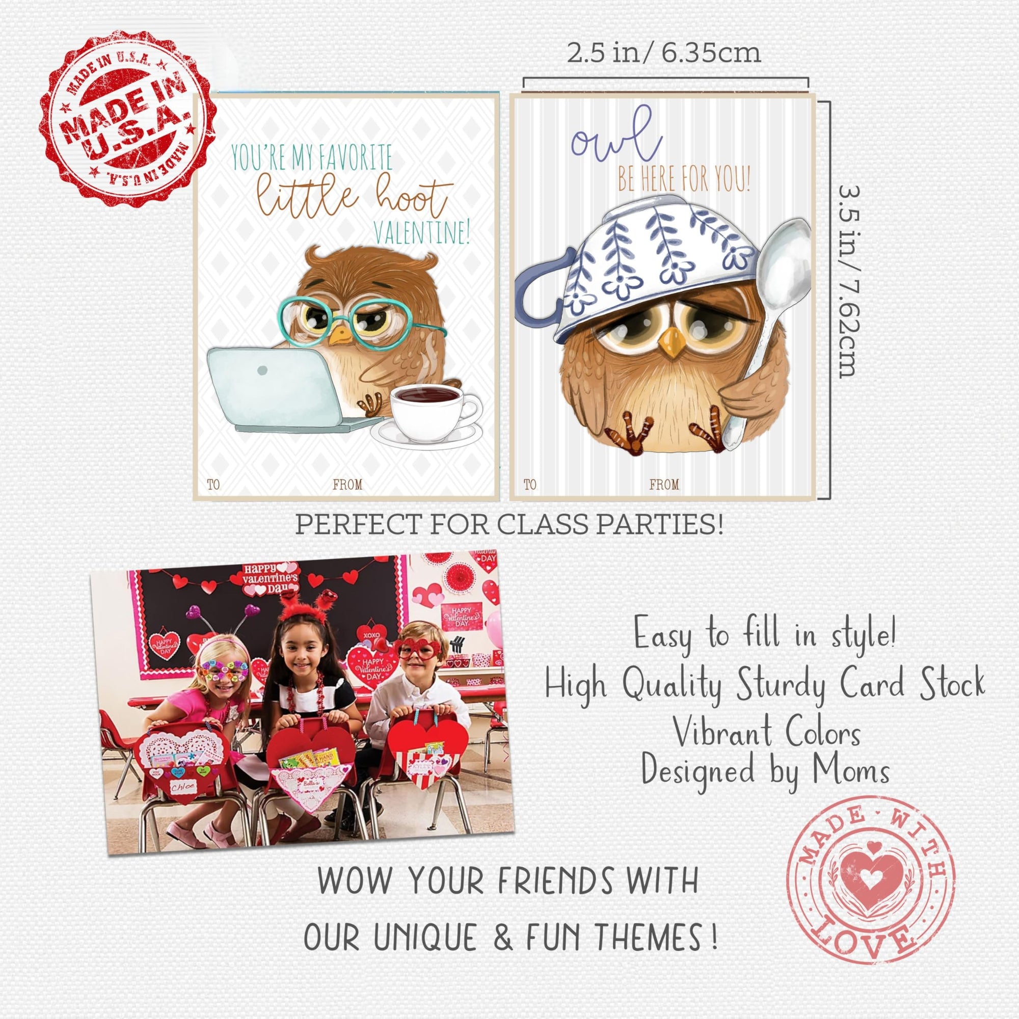 Owl and Coffee Themed Valentine Day Classroom Sharing Cards (Set of 24) Valentine's Party Exchange