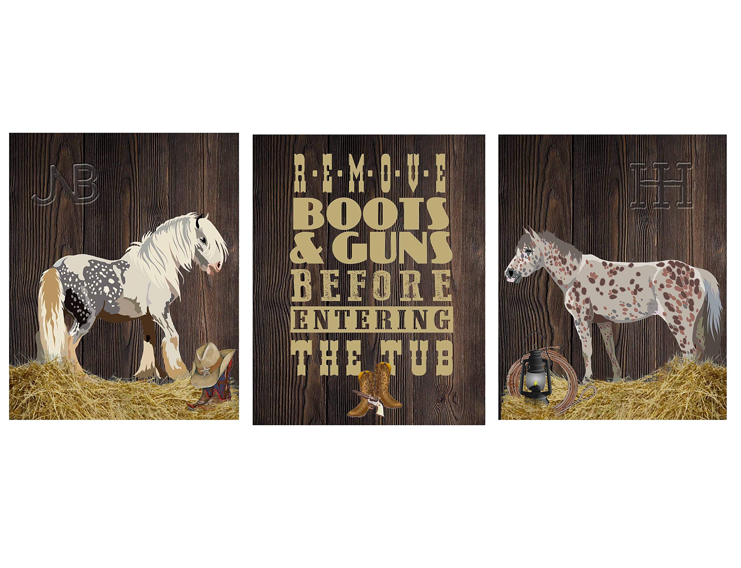 Western Cowboy Horse Themed Bathroom Wall Art Print Decoration (Set of 3) No Frames