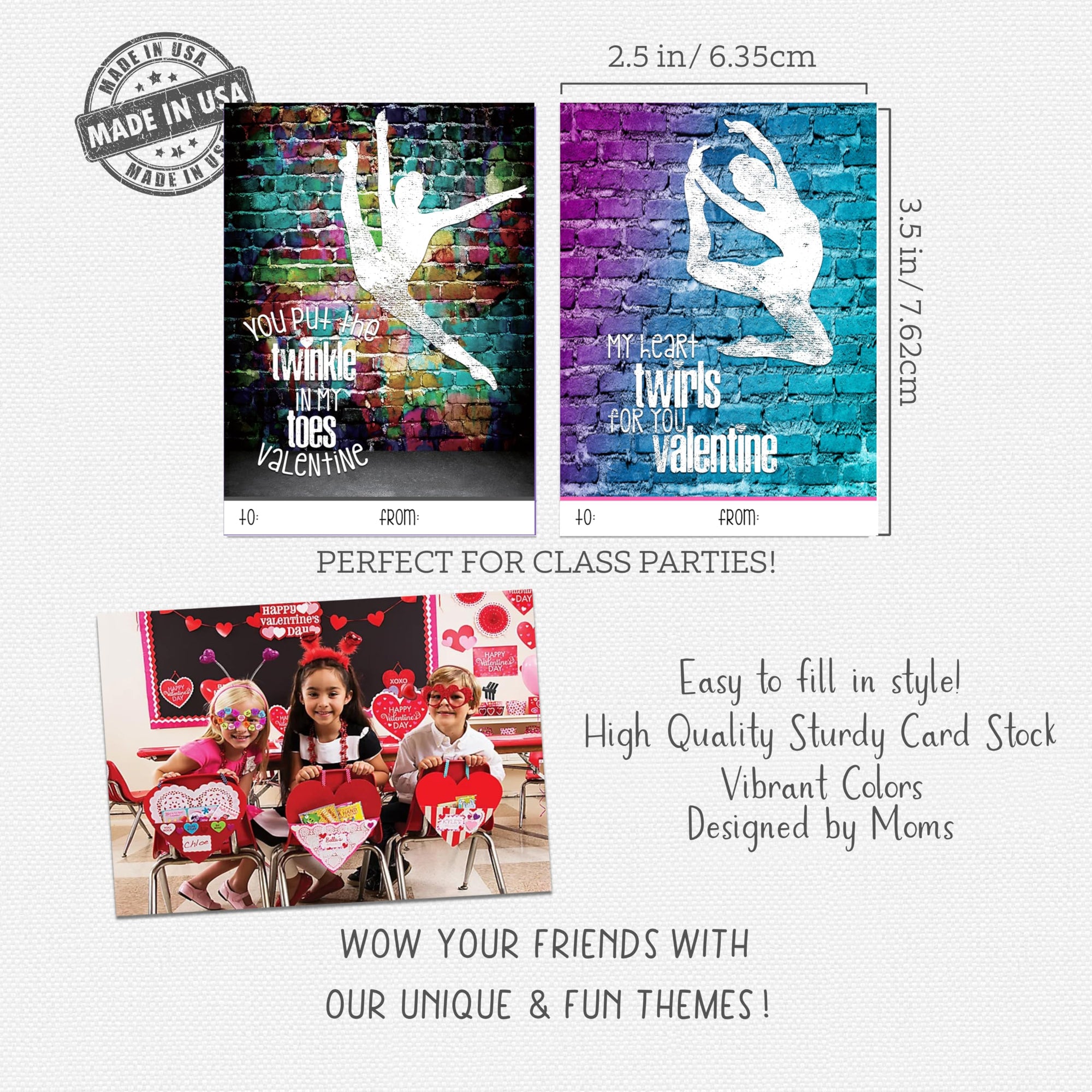Dance Themed Valentine's Day Card Set (Set of 25) Valentine Classroom Sharing Exchange Party Kids Children