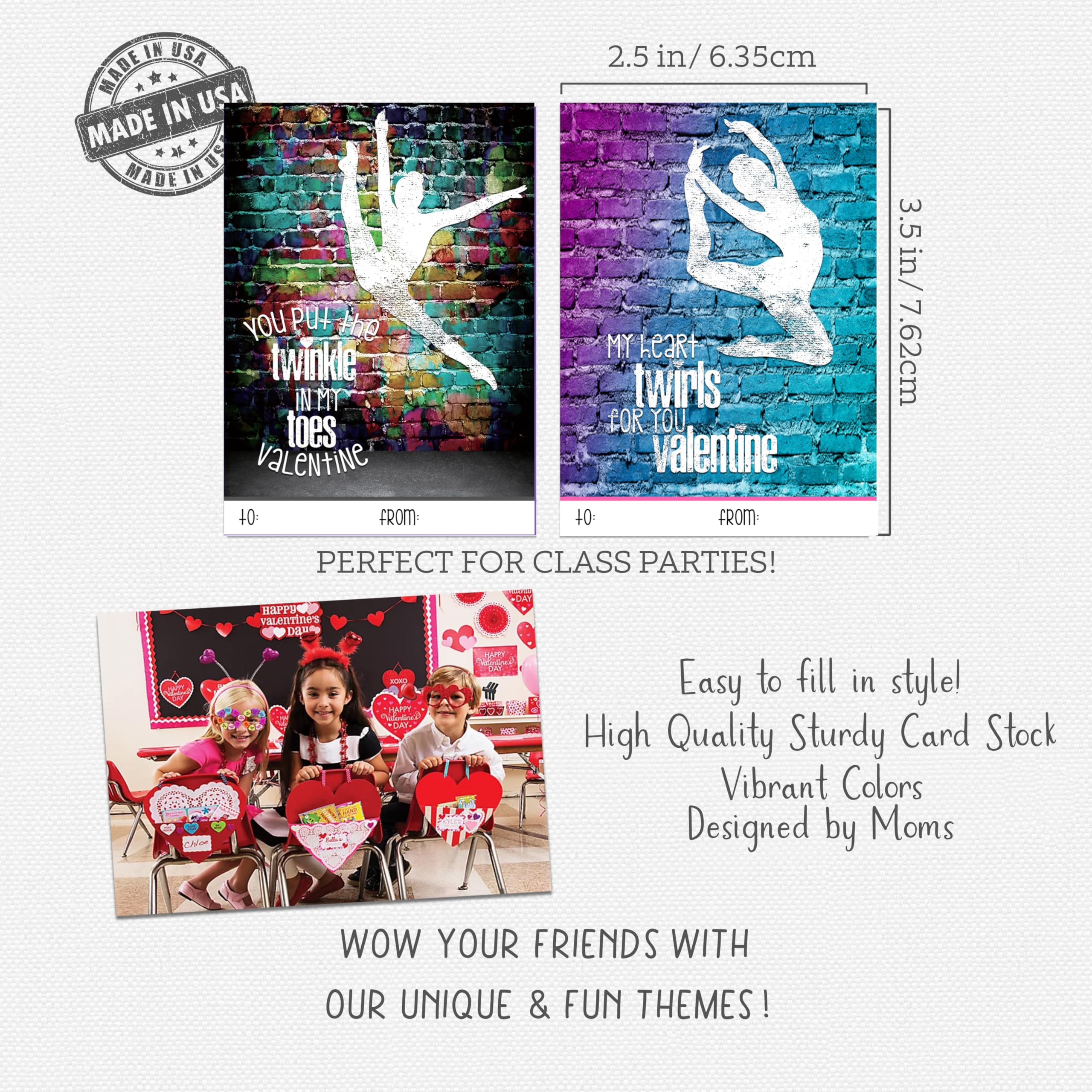 Dance Themed Valentine's Day Card Set (Set of 25) Valentine Classroom Sharing Exchange Party Kids Children