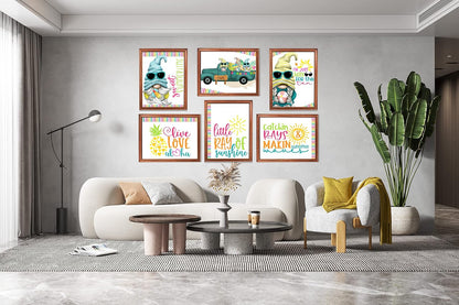 Sweet Summertime - Bright Happy Gnome Themed Home Art Print Design Wall Decor (Set of Six)