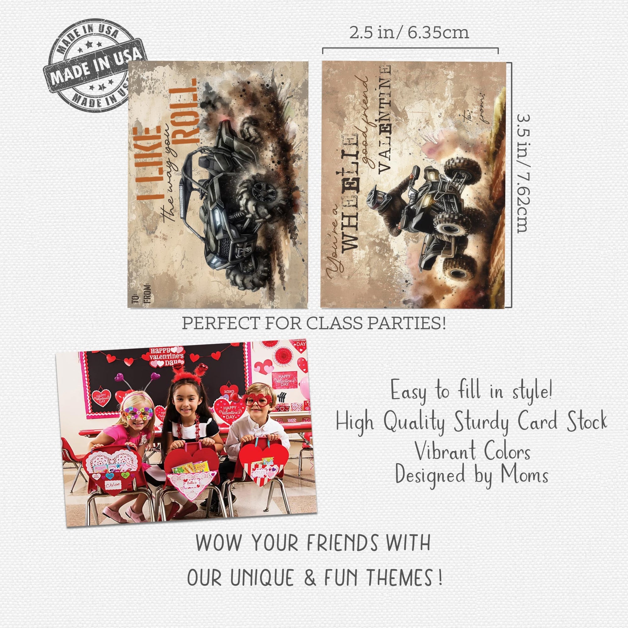 ATV Quad 4x4 UTV Mud Themed Kid Valentine's Day Card Set (Set of 24) Valentine School Classroom Sharing Exchange
