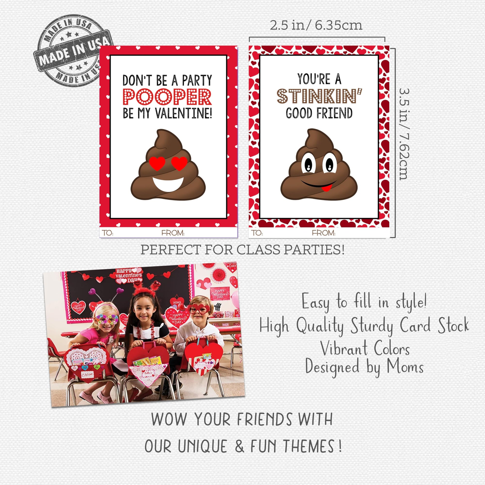 Poop Emoji Funny Themed Valentine Day Classroom Sharing Card Set (24 Included) Class Exchange Kids Valentine's Pack