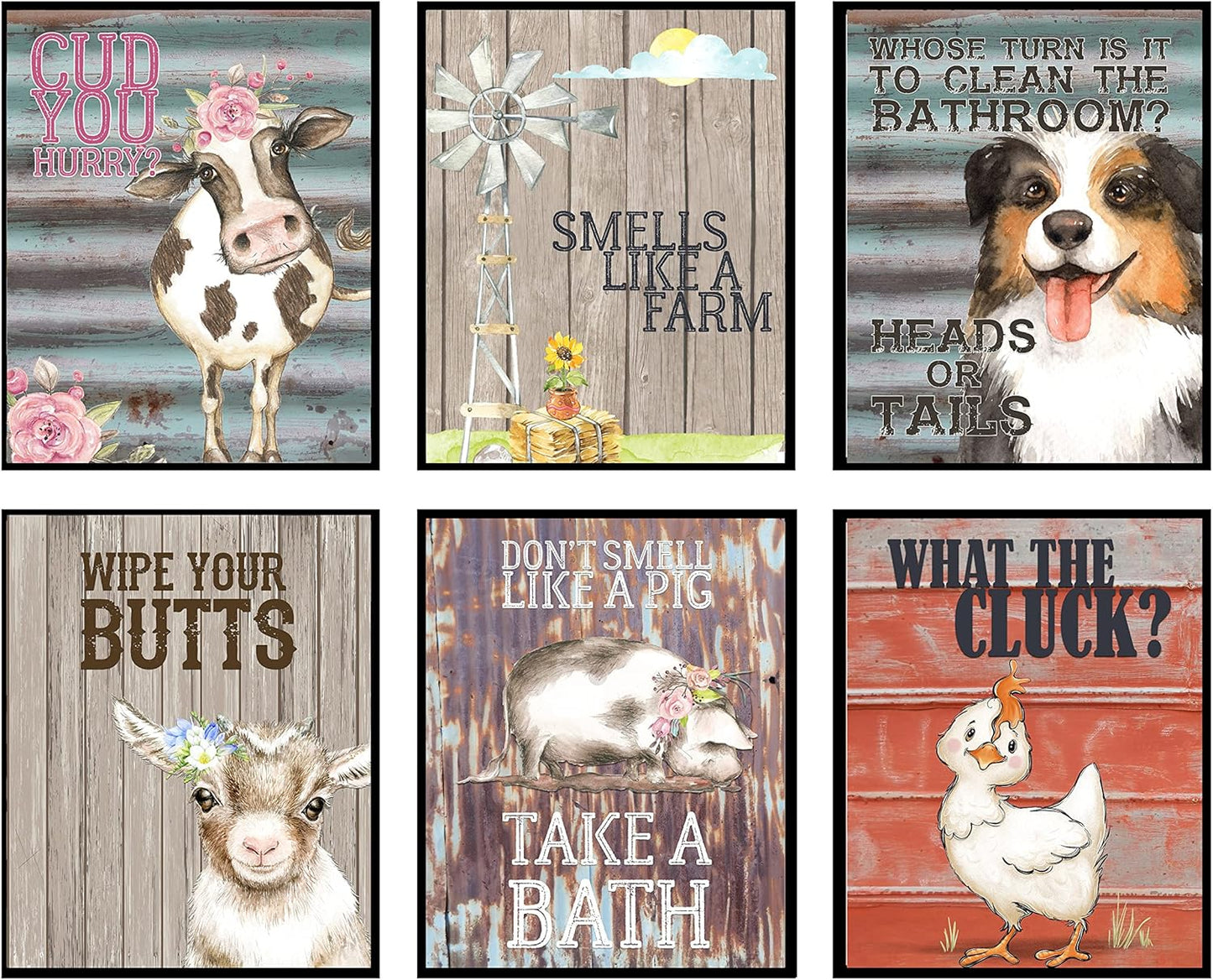 I Herd That! - Funny Farmhouse Bathroom Themed Decor Art Farm Rustic Wood Style Wall Prints Set Cow Pig Poster Signs Typography Cute Rules Toilet Paper Truck