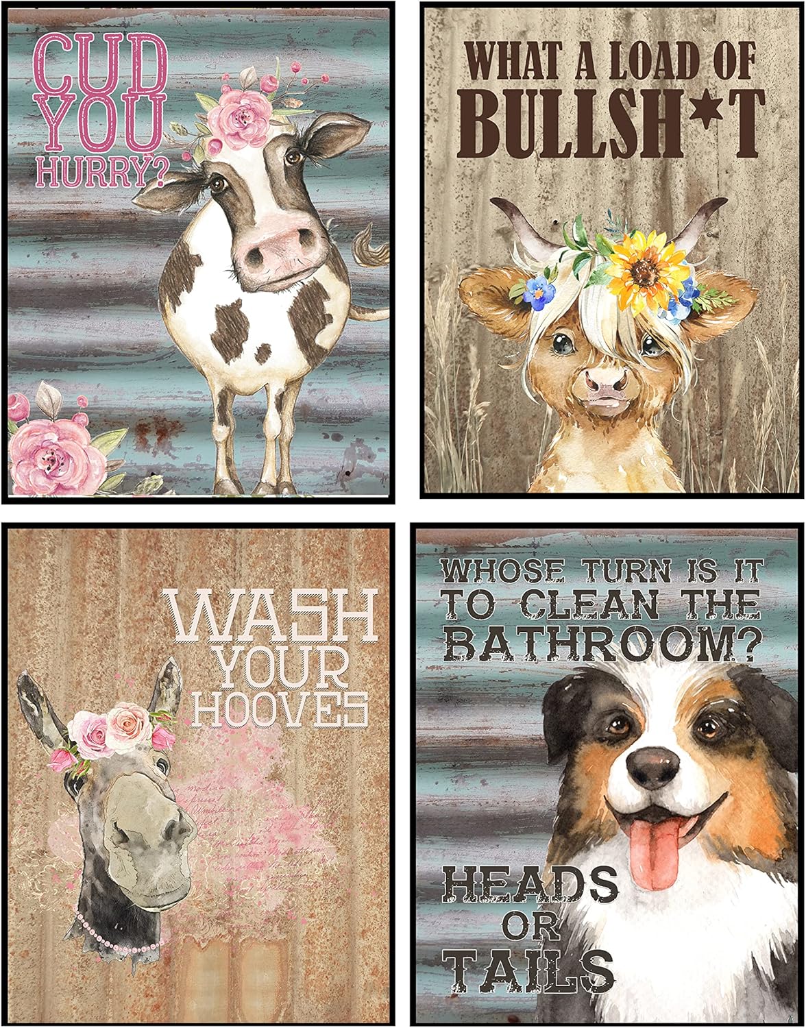 I Herd That! - Funny Farmhouse Bathroom Themed Decor Art Farm Rustic Wood Style Wall Prints Set Cow Pig Poster Signs Typography Cute Rules Toilet Paper Truck