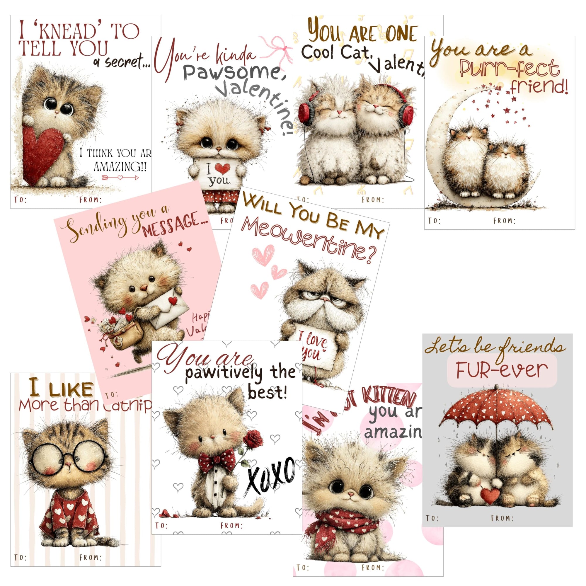 Darling Kitten Valentine Day Classroom Sharing Cards (Set of 24) Valentine's Party Exchange Kitty Cat