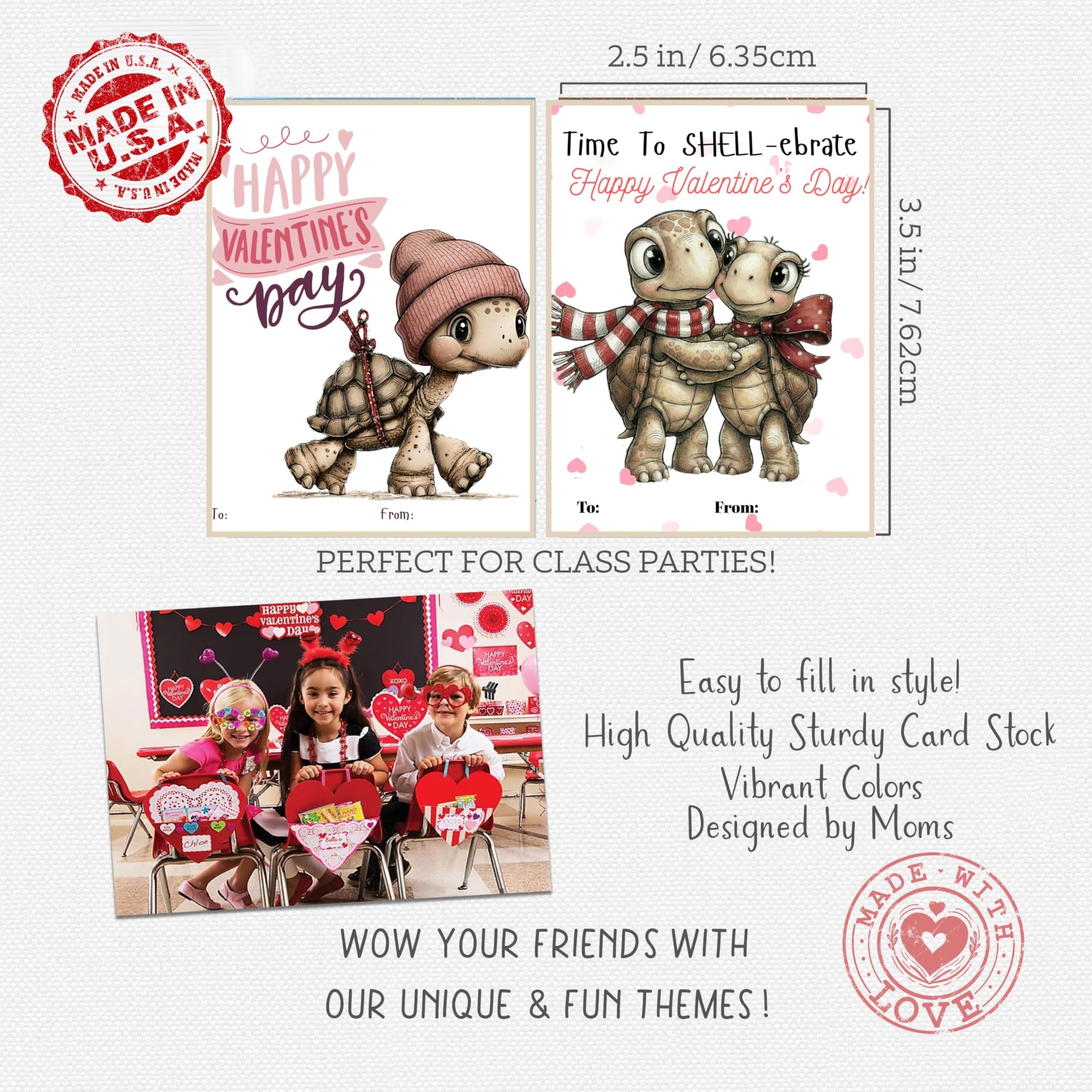 Whimsical Turtle Valentine Day Classroom Sharing Cards (Set of 22) Valentine's Party Exchange - Time to Shell-ebrate