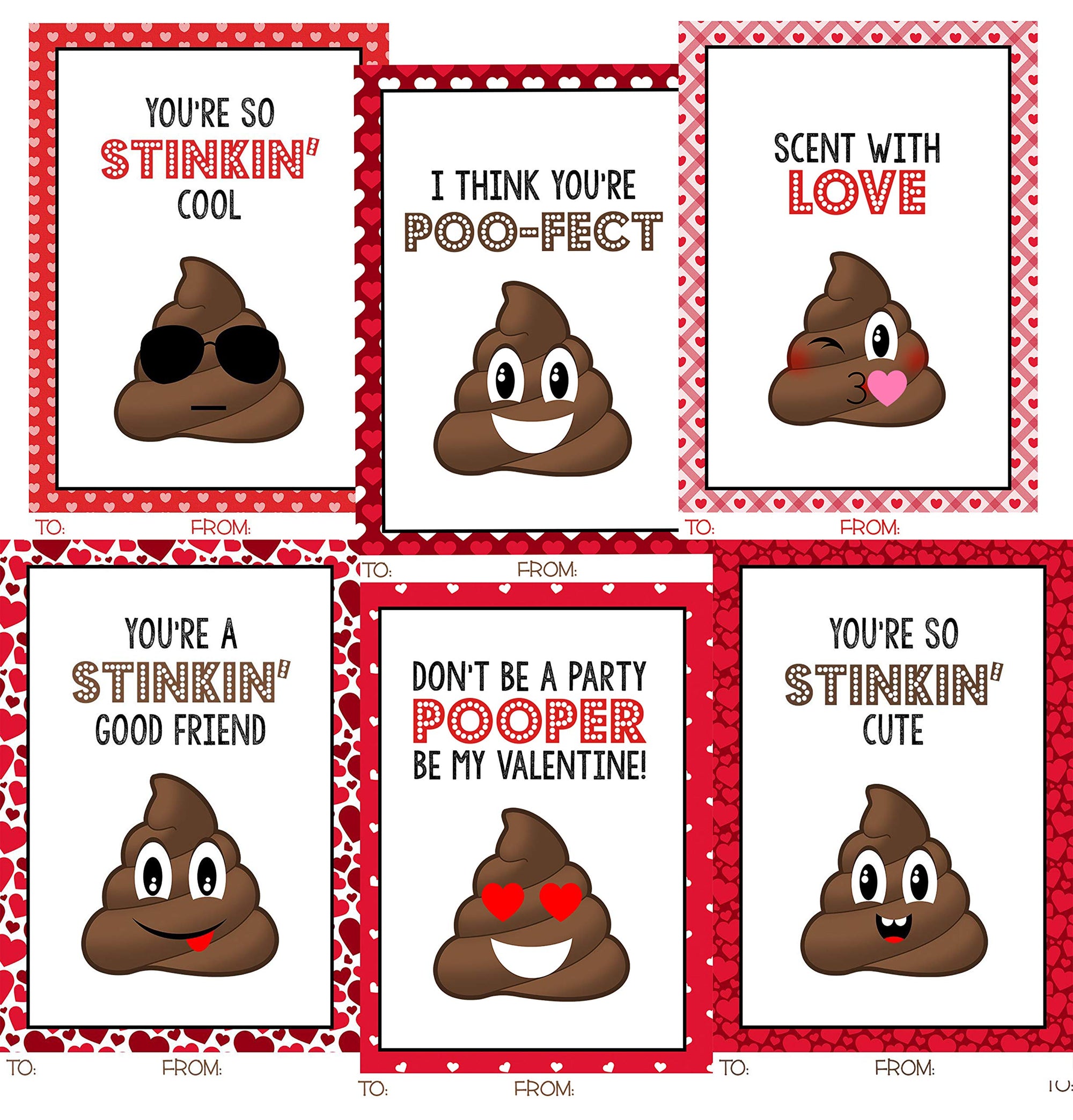Poop Emoji Funny Themed Valentine Day Classroom Sharing Card Set (24 Included) Class Exchange Kids Valentine's Pack