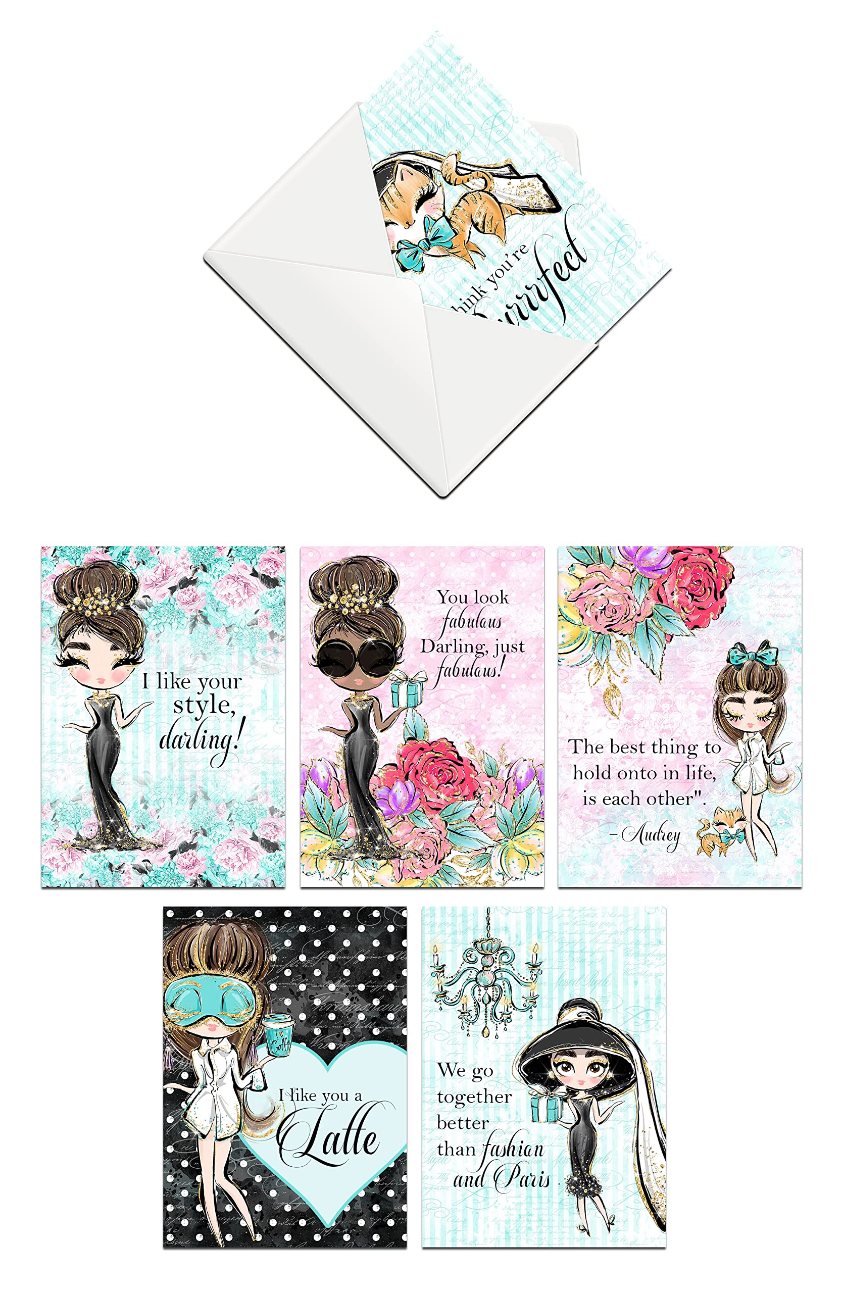 Vintage fashion cat greeting card assortment set of 6 with envelopes, blank inside