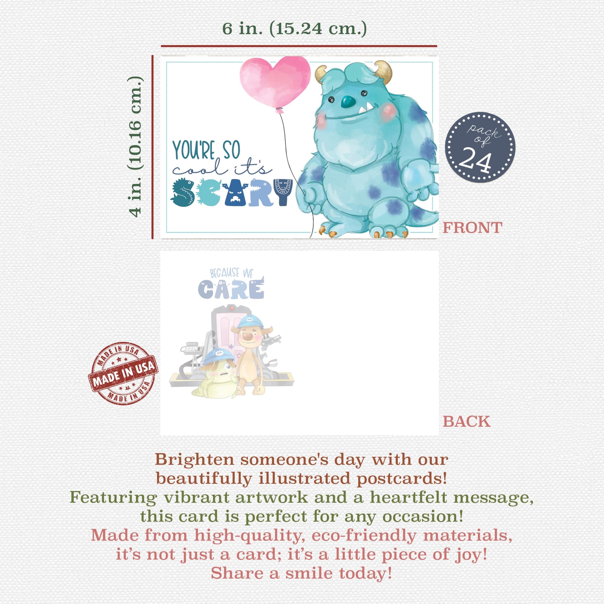 Cute furry monster postcard reading Sending you monster hugs for classroom snail mail