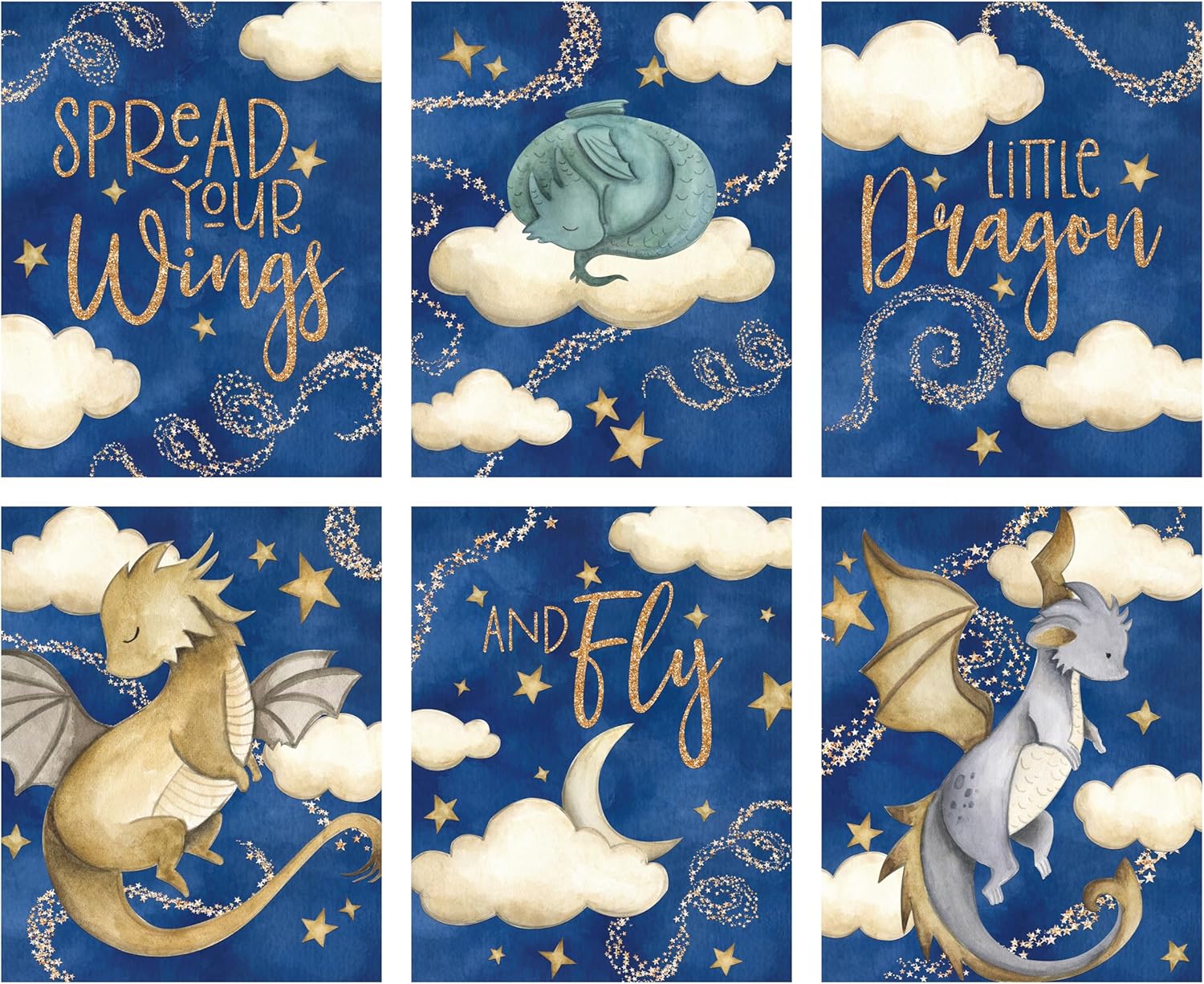 Spread Your Wings Little Dragon Themed Wall Art Prints (Set of 6) Room Decor 8x10 Blue