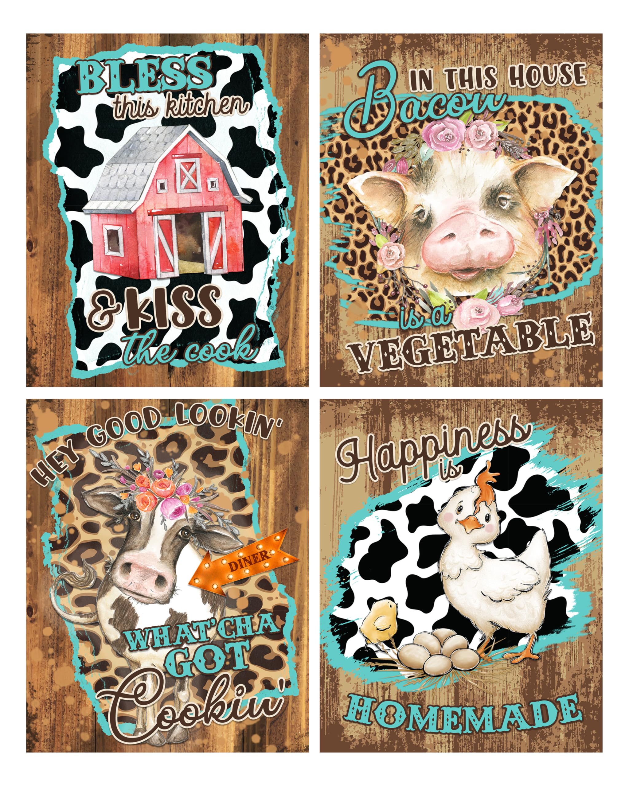 Rustic Farm Animal Print - Bless This Kitchen and Kiss The Cook - Farmhouse Themed Decor Art - Wood Style Wall Prints Set Cow Pig Poster Signs Funny Fun Pictures 8x10 inch Decoration