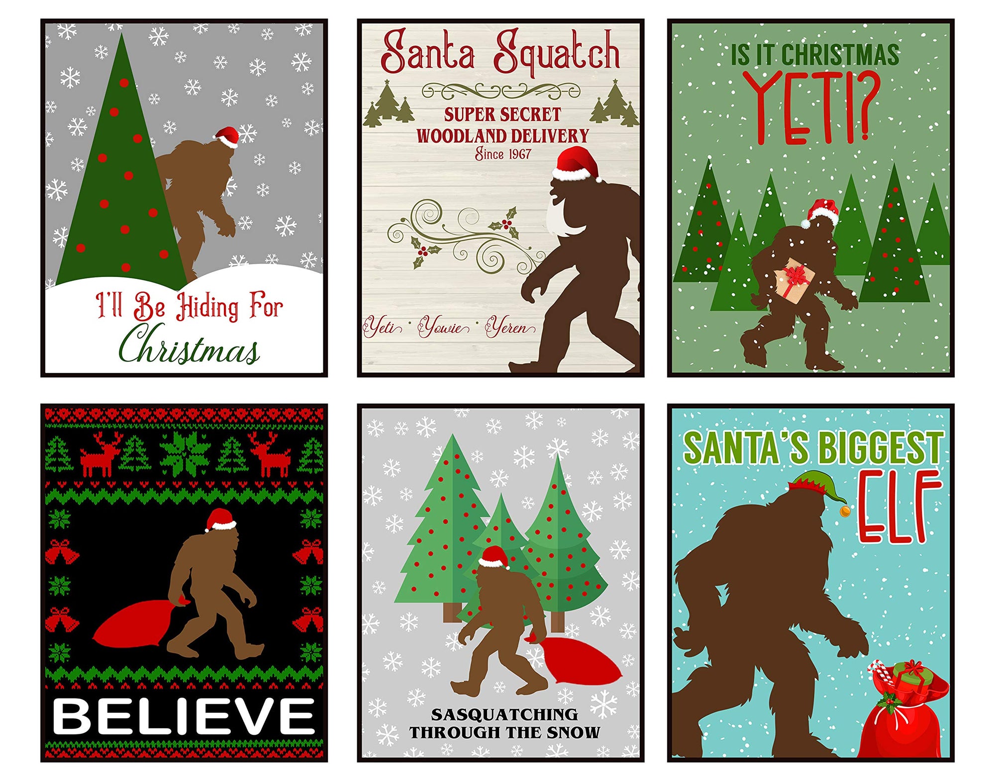 Funny Christmas Bigfoot art prints wall decor set of 6, rustic holiday Sasquatch signs 8x10