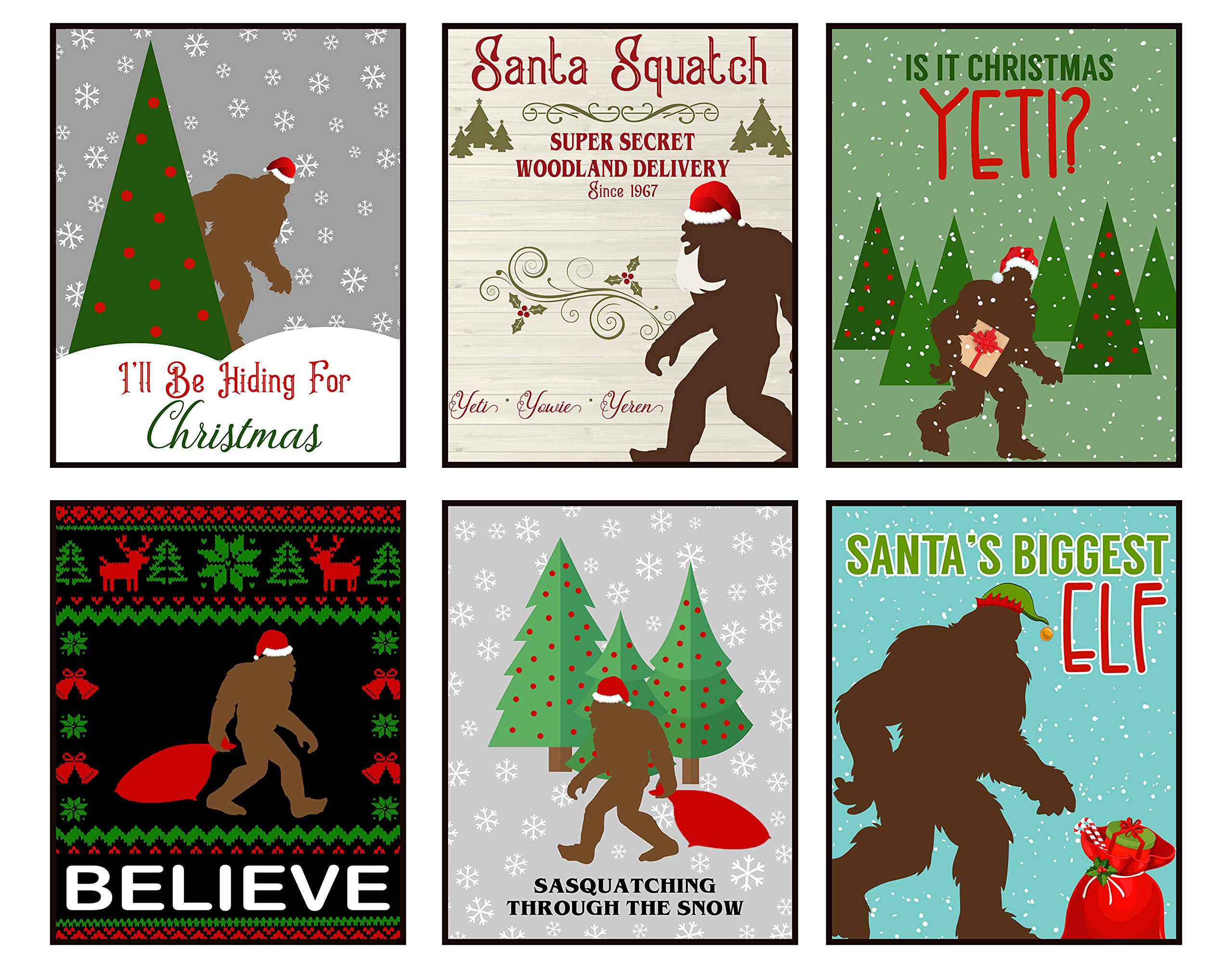Funny Christmas Bigfoot art prints wall decor set of 6, rustic holiday Sasquatch signs 8x10