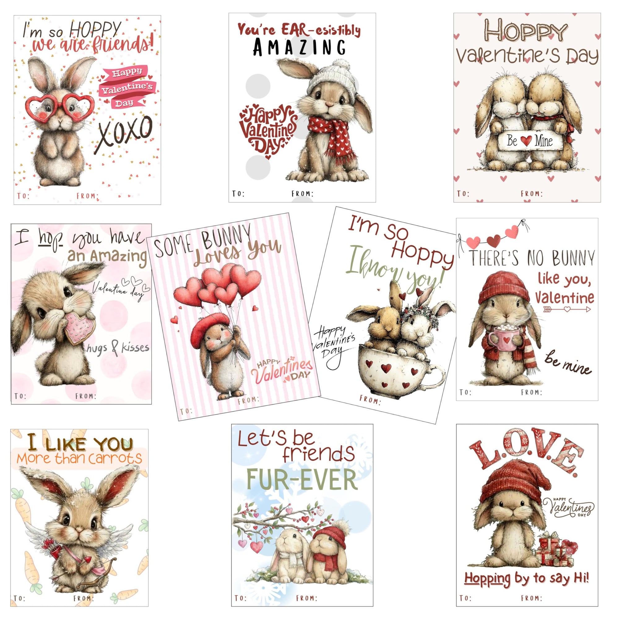 Bunny Rabbit Valentine Day Classroom Sharing Cards (Set of 22) Valentine's Party Exchange - I Like You More Than Carrots