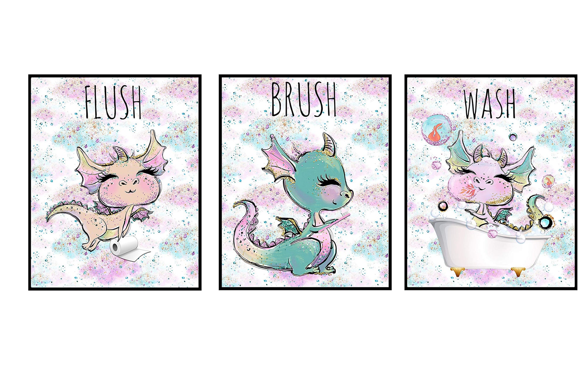 Dragon Trendy Bathroom Wash Flush Brush Themed Wall Art Decor (Set of Three)