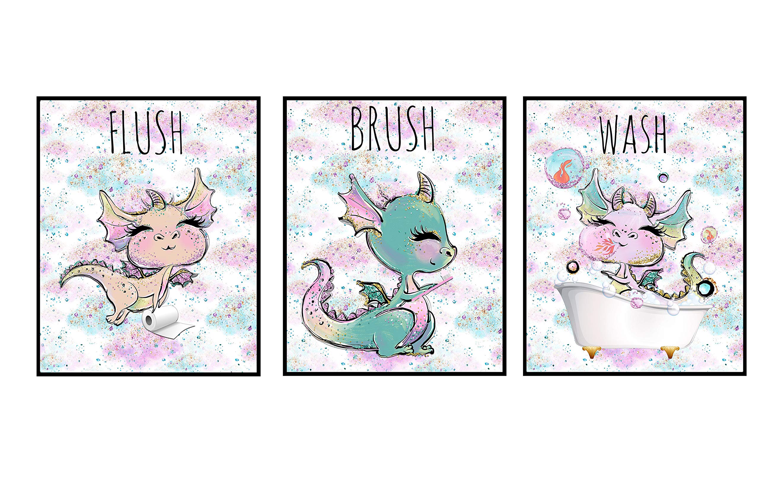 Dragon Trendy Bathroom Wash Flush Brush Themed Wall Art Decor (Set of Three)