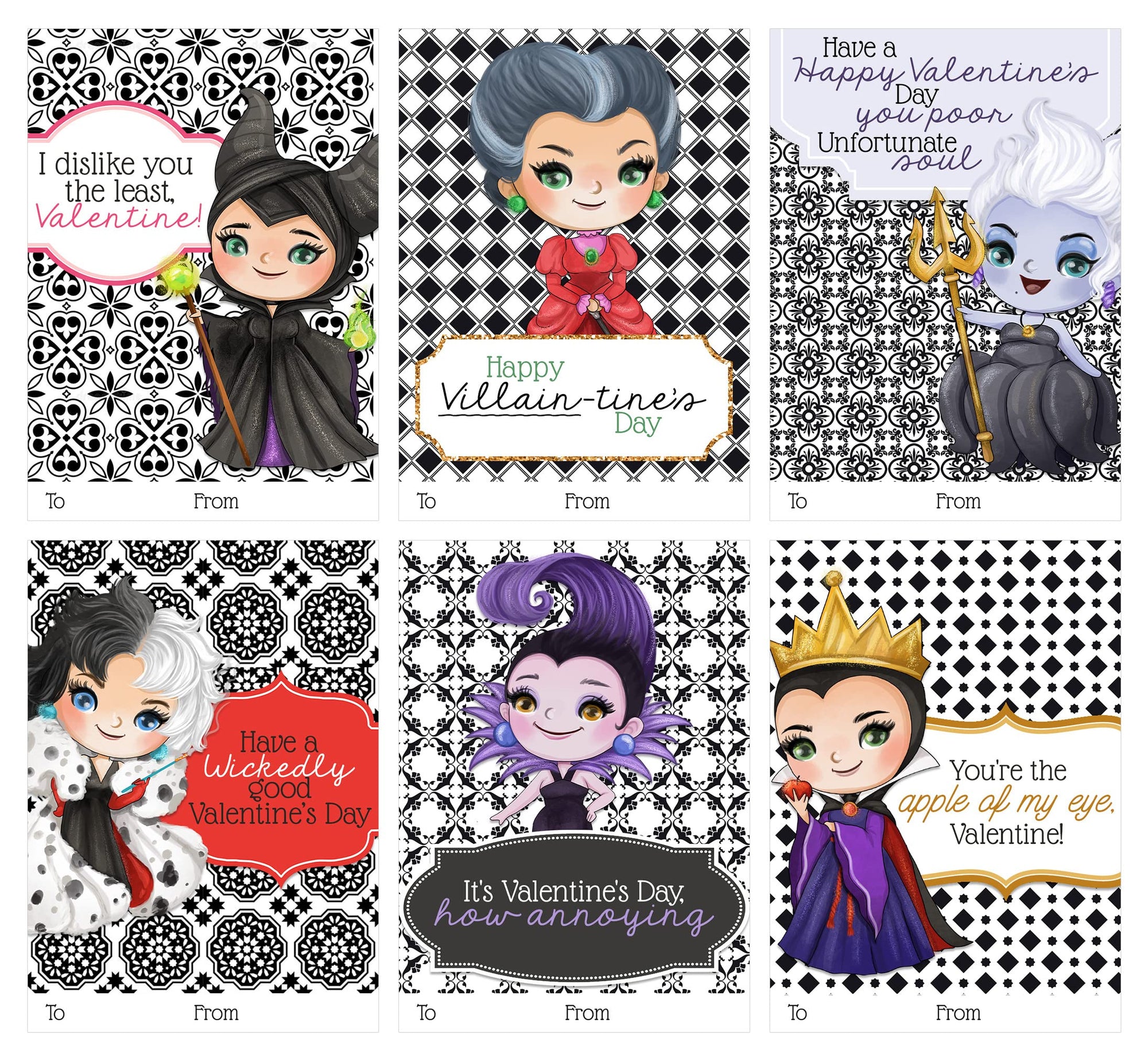 Wicked villains themed kids Valentine's Day cards set of 24 for classroom exchange