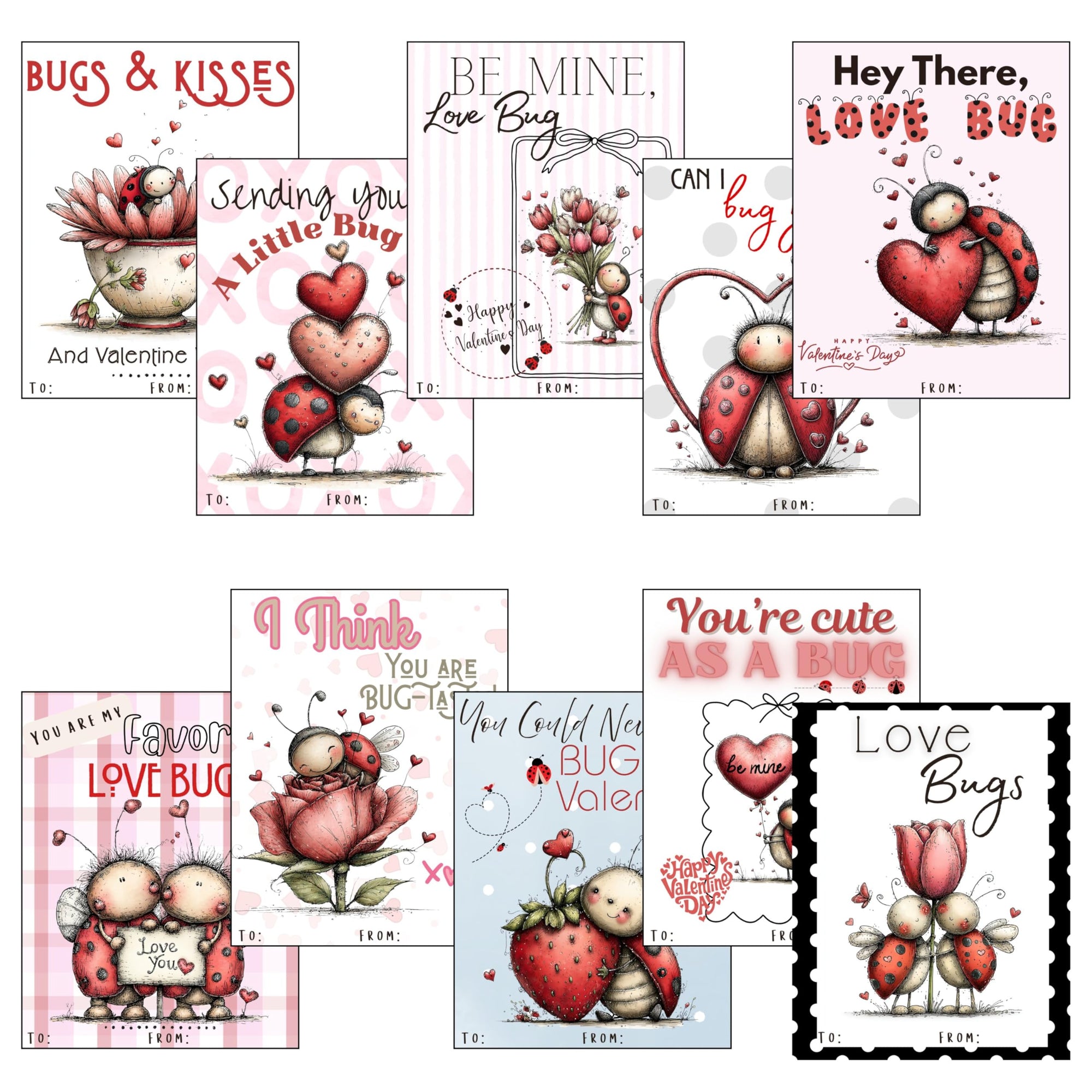 Darling Lady Love Bug Valentine Day Classroom Sharing Cards (Set of 24) Valentine's Party Exchange