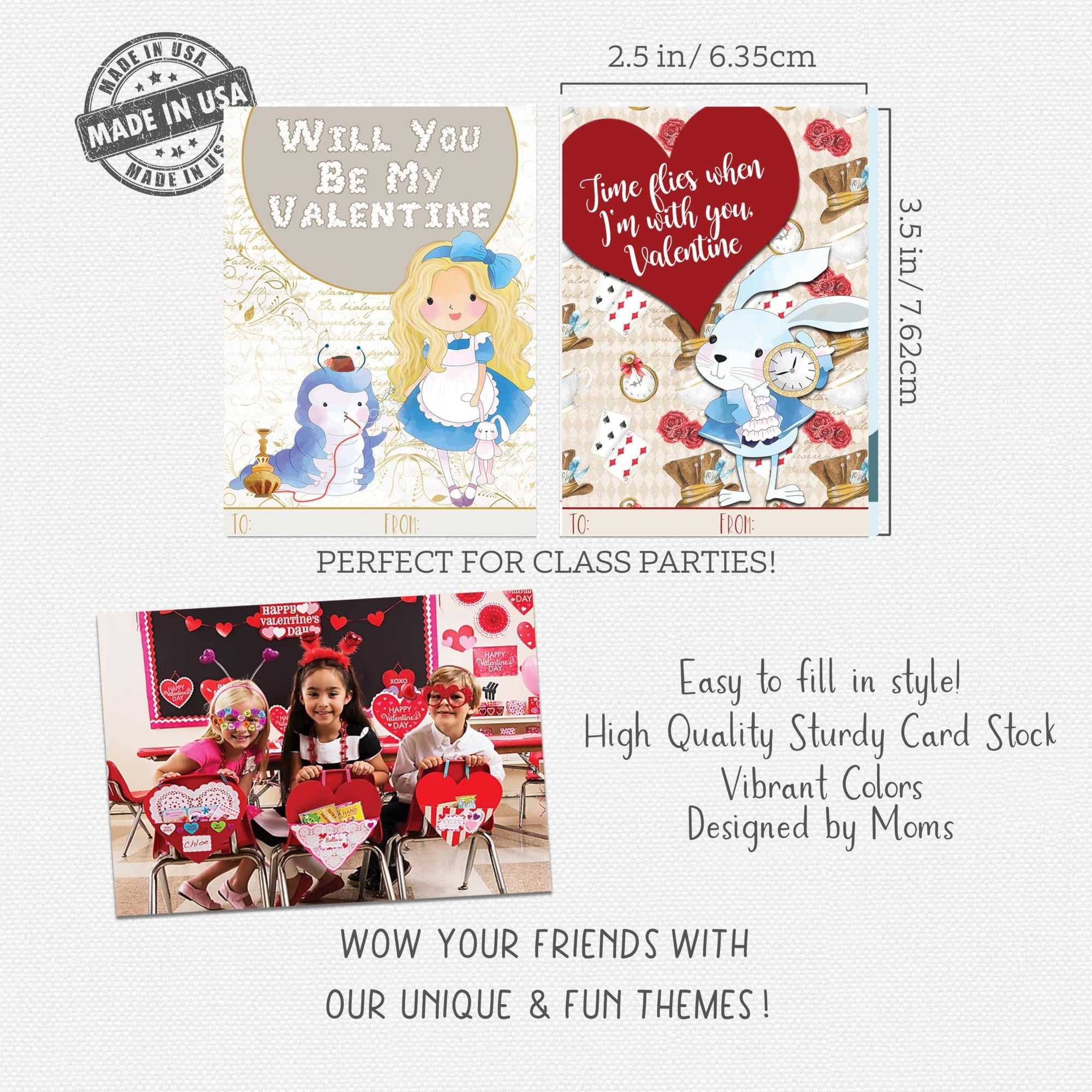 Wonderland Tea Party Themed Valentine's Day Classroom Sharing Cards (Set of 21)