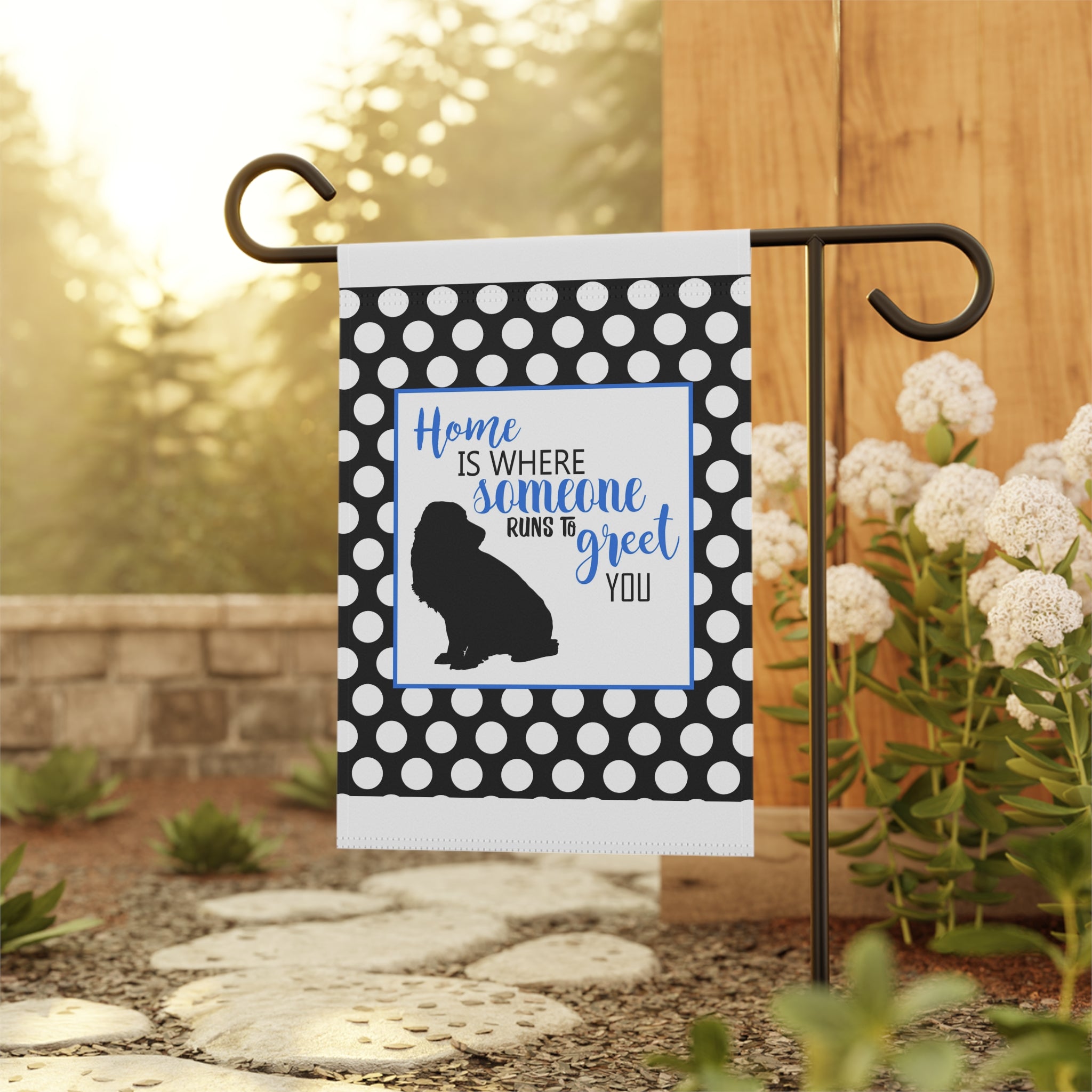 Sweet dog homecoming garden flag displayed outdoors on a porch flag stand