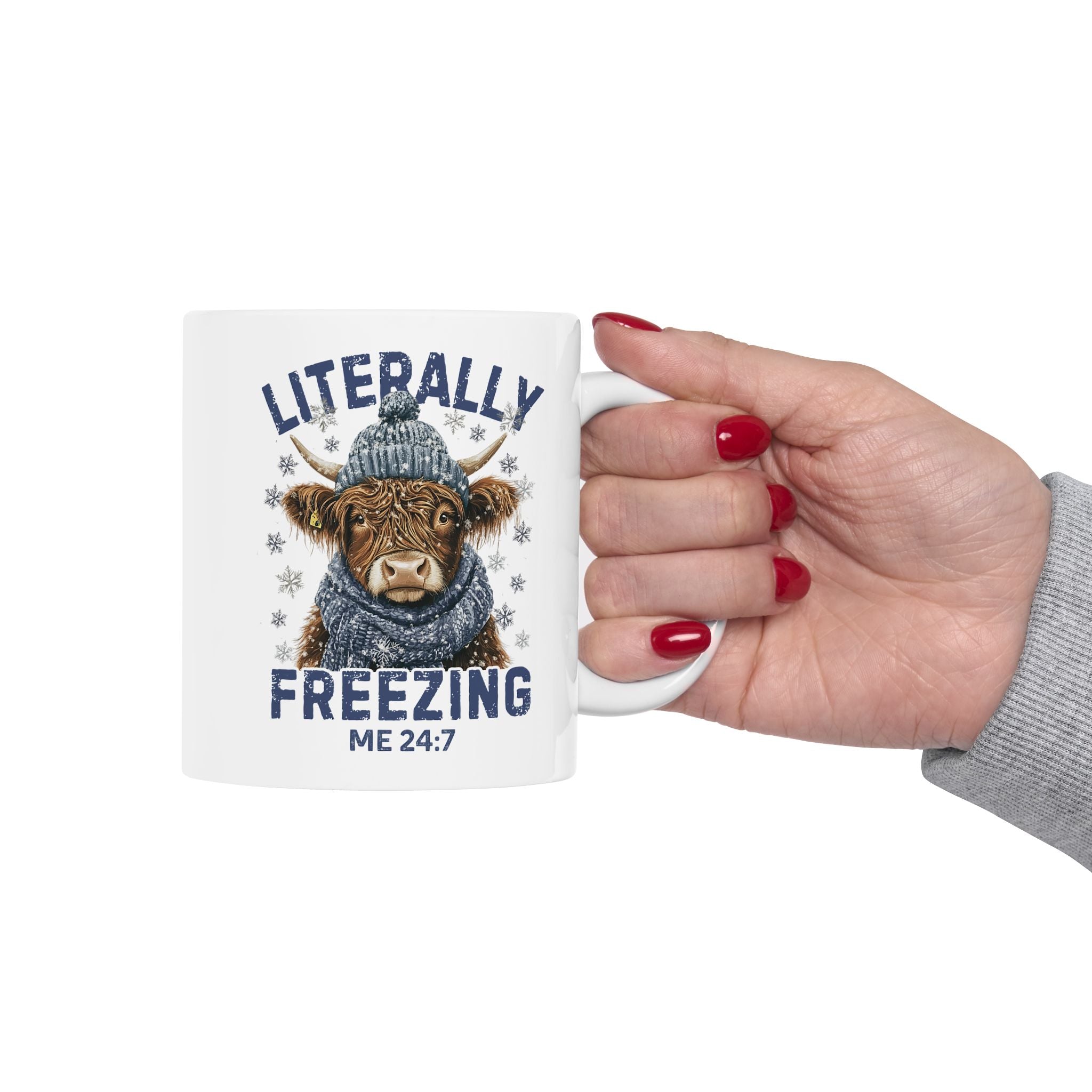 Literally Freezing Me 24/7 Highland Cow Cozy Season Comfort Ceramic Mug