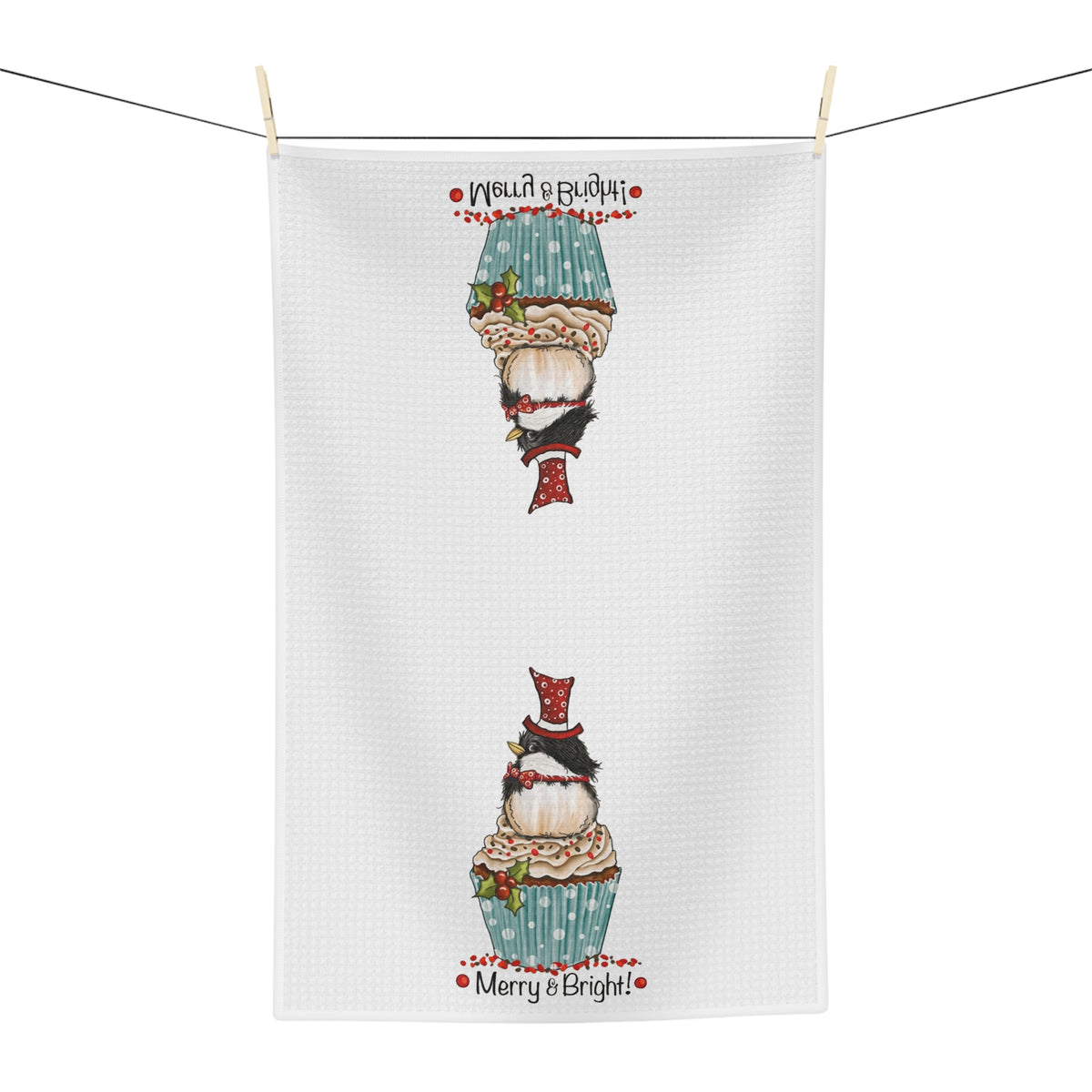 Merry & Bright bird and cupcake Christmas tea towel — Silly Goose Gift