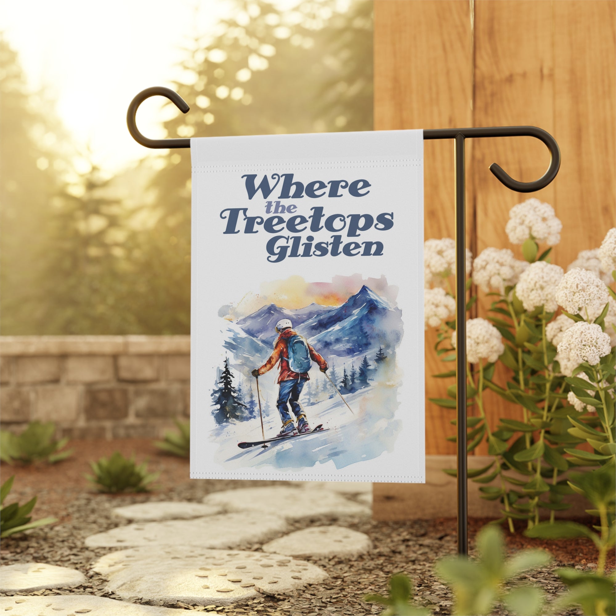 Where the Treetops Glisten Garden Flag 12x18 – Watercolor Ski Christmas Winter House Yard Decor