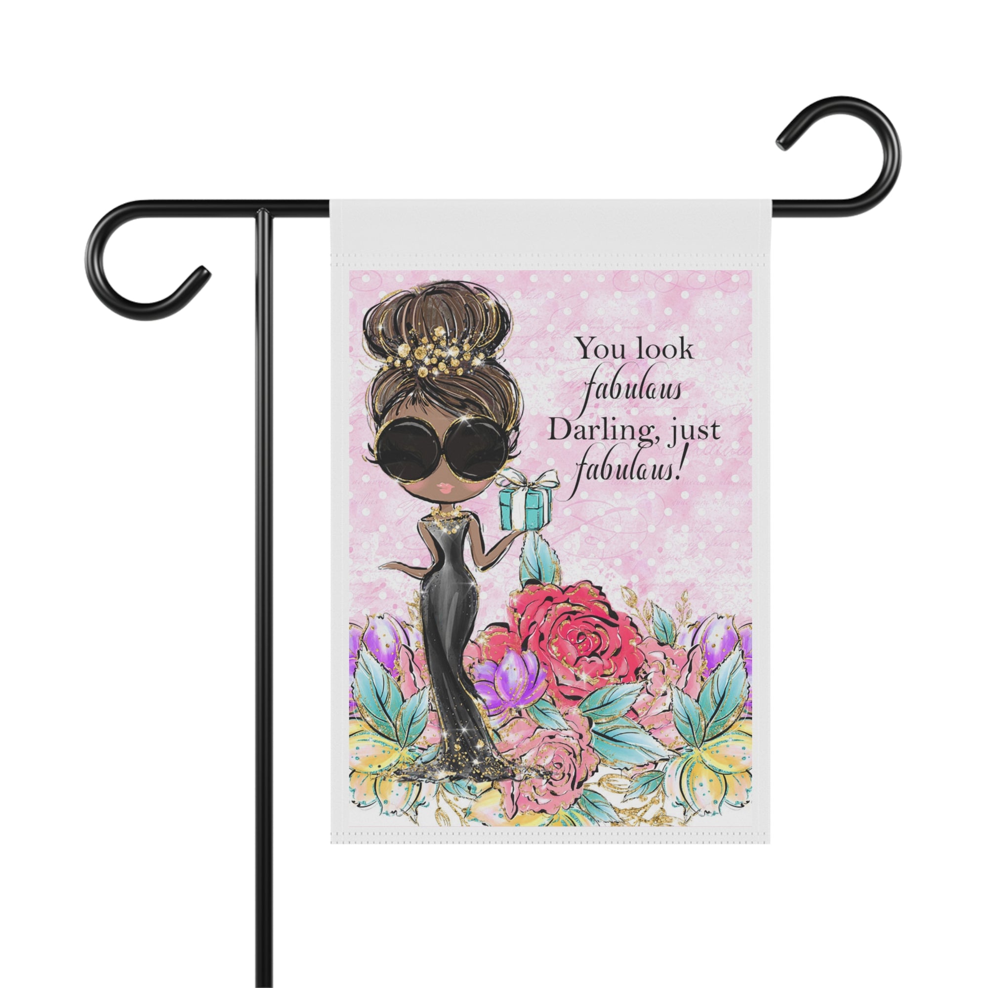 Fabulous Darling vintage fashion girl watercolor garden flag with blue gift box
