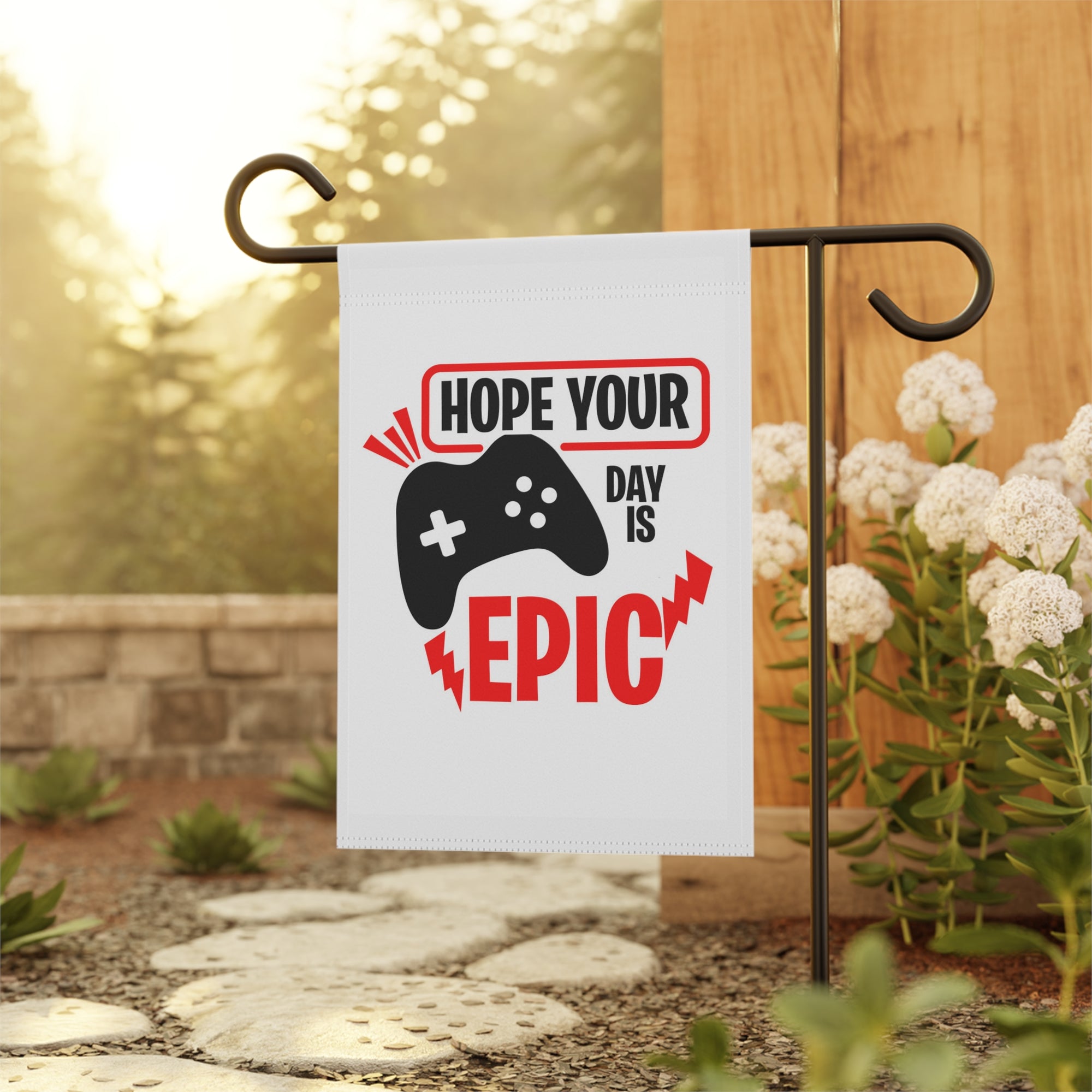 Cheerful gamer welcome garden flag displayed outdoors on a porch flag stand
