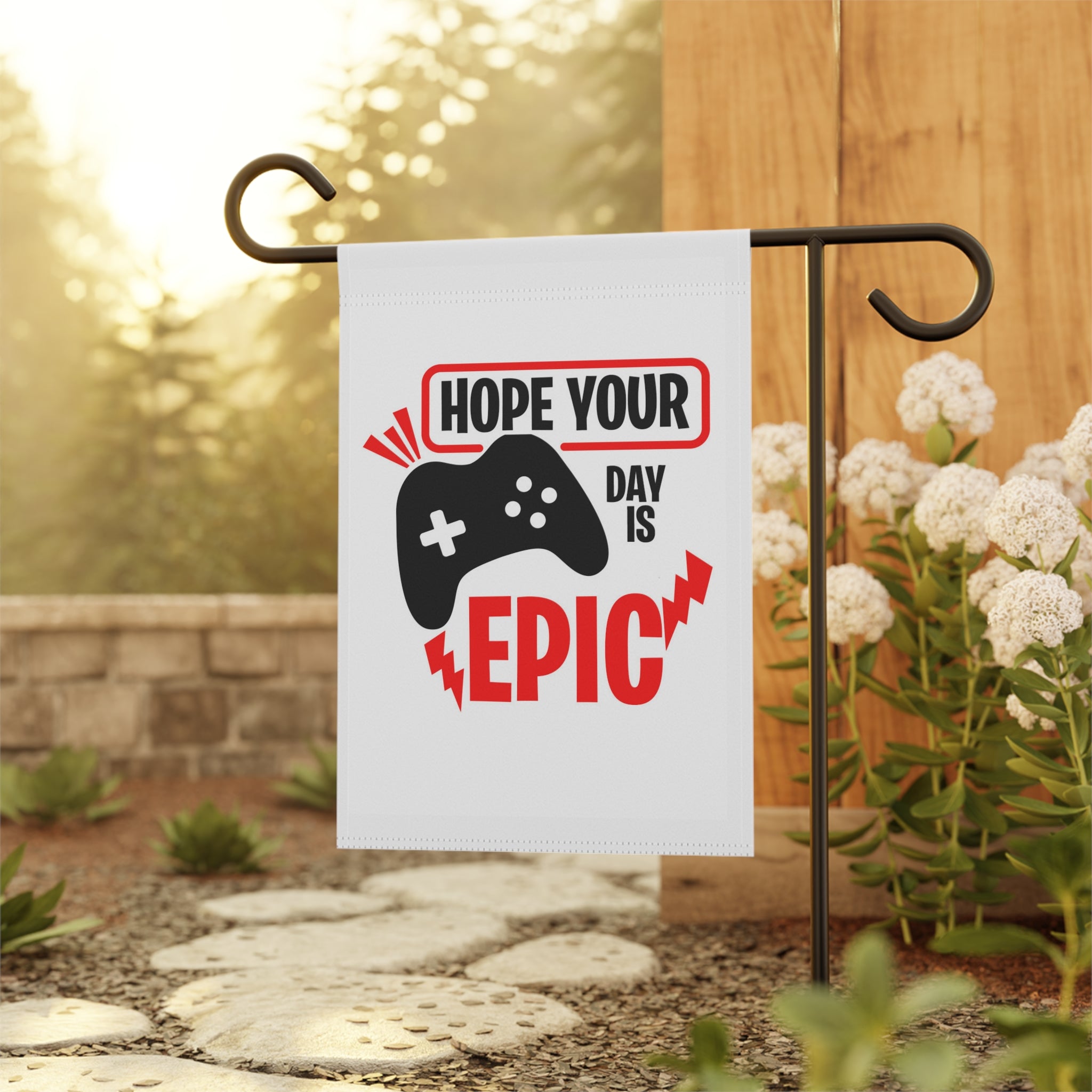Cheerful gamer welcome garden flag displayed outdoors on a porch flag stand