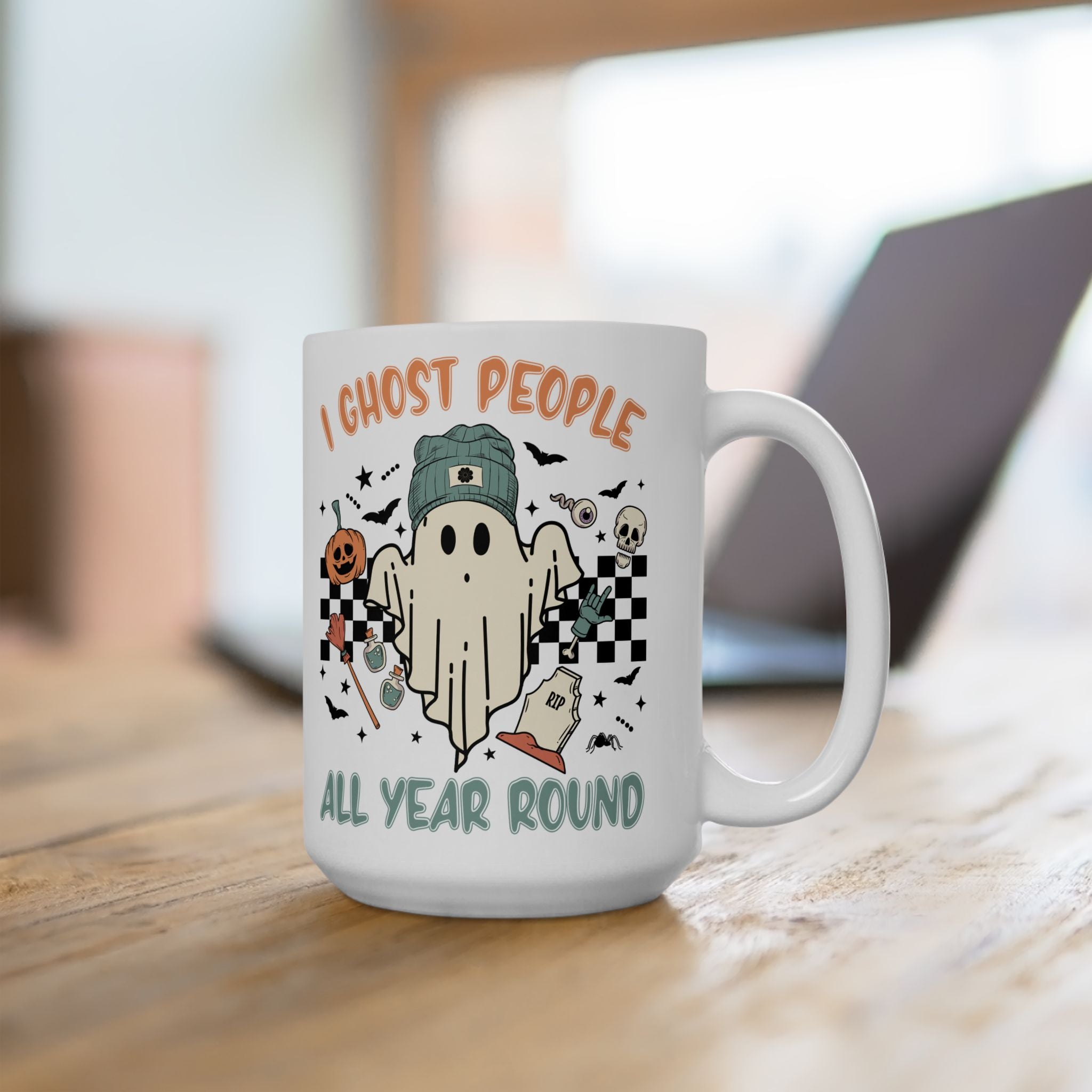 I Ghost People All Year Round – Funny Retro Halloween Coffee Mug (11oz, 15oz)