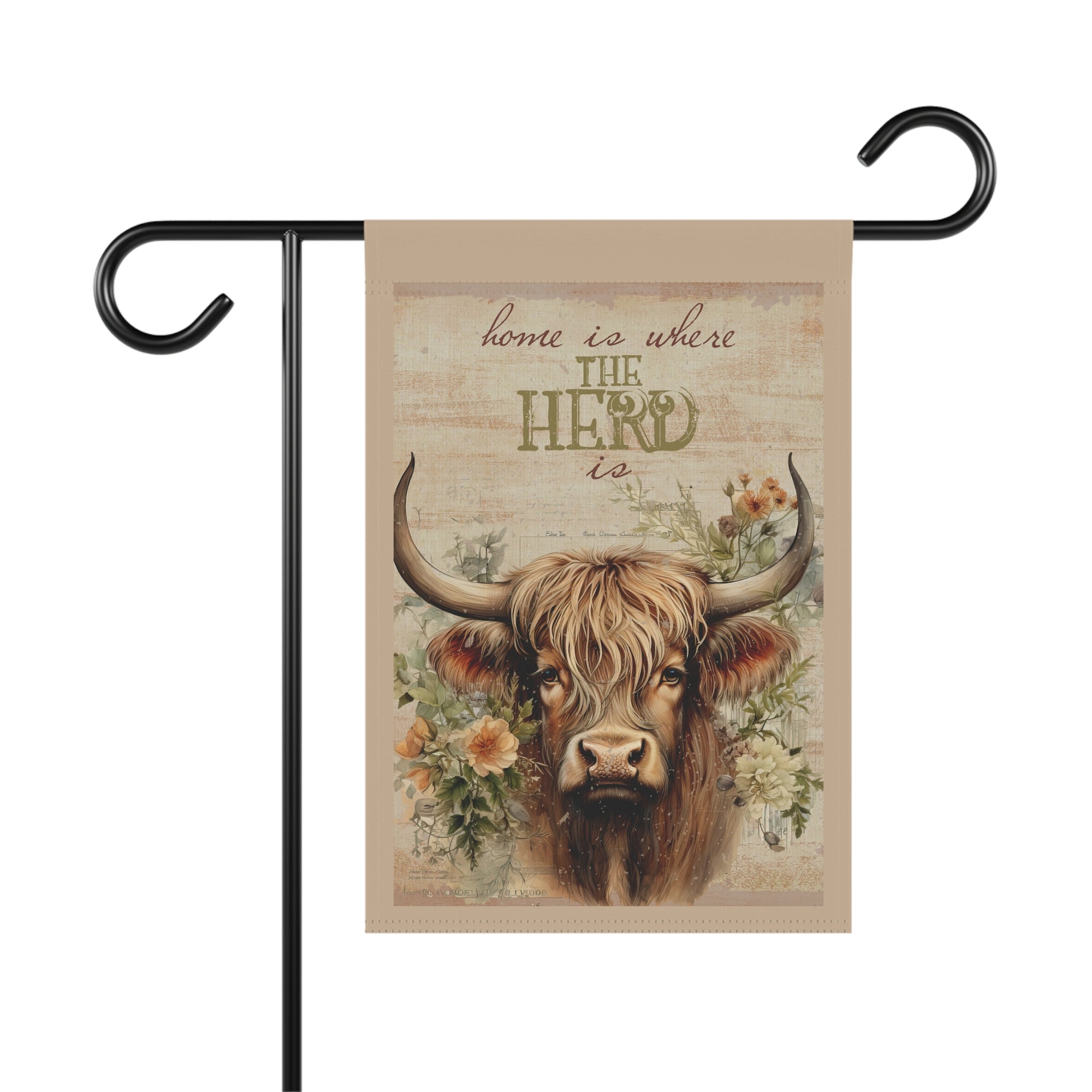Home is Where The Herd Is highland cow garden flag with watercolor florals