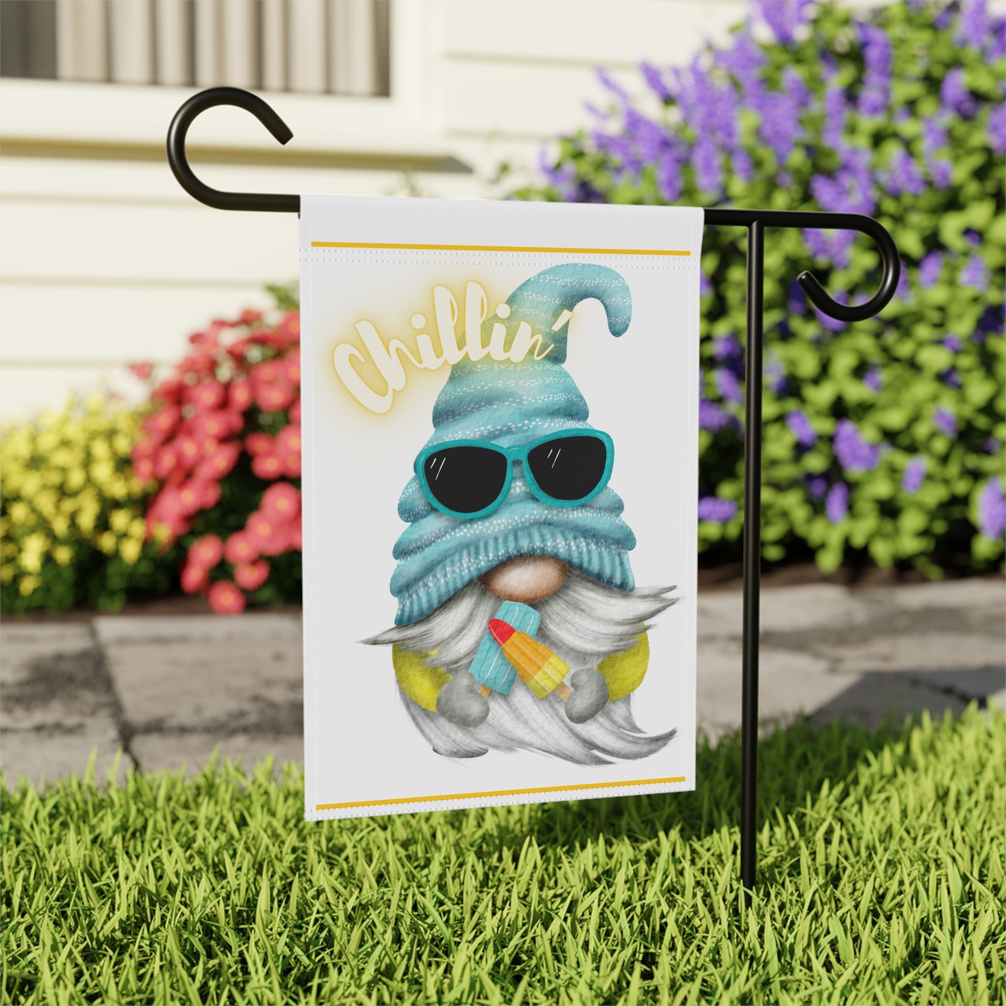 Close-up of Chillin Popsicle Gnome garden flag with hand-illustrated gnome and ice pop detail