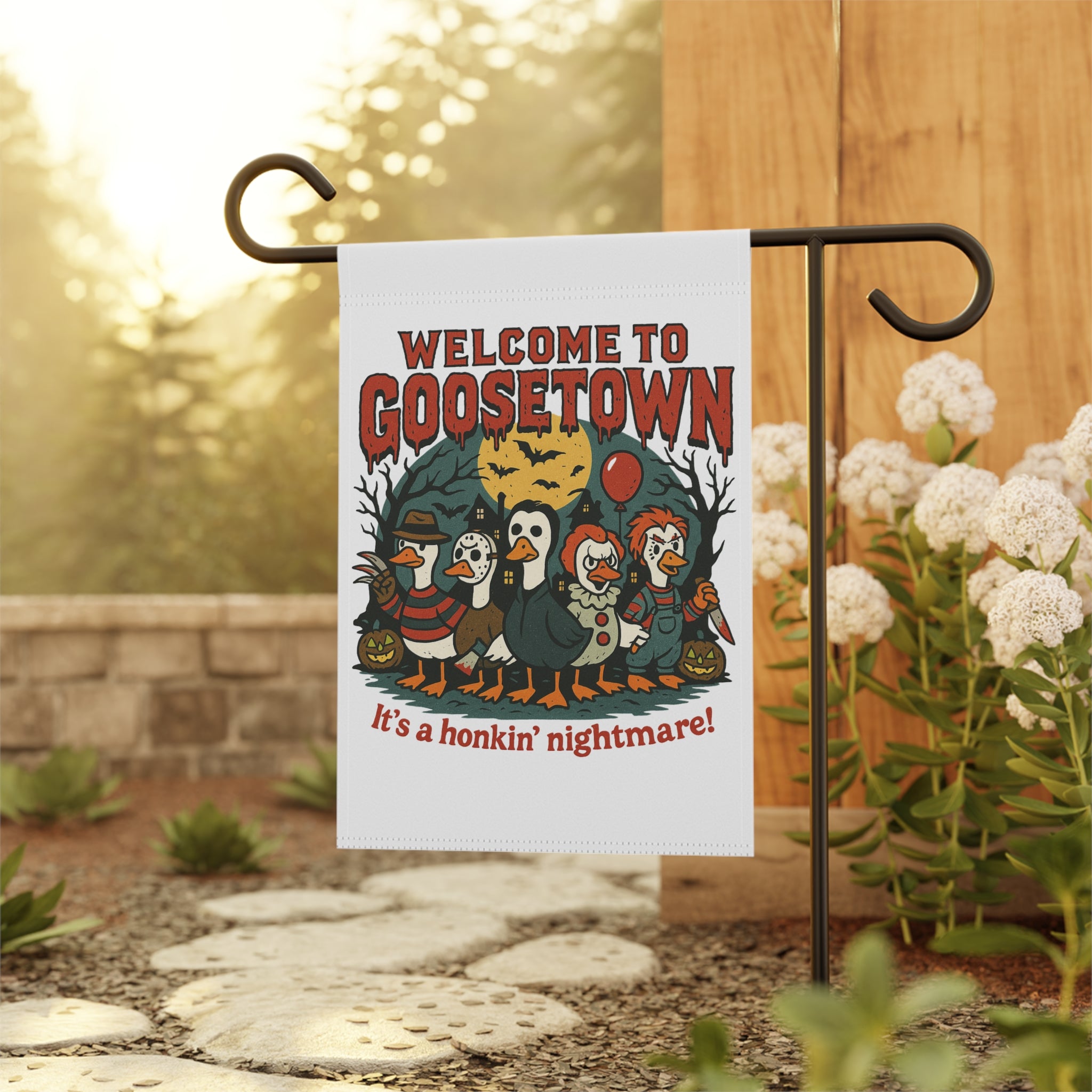 Welcome To Goosetown Nightmare Halloween Garden Flag 12x18 – Funny House Yard Decor