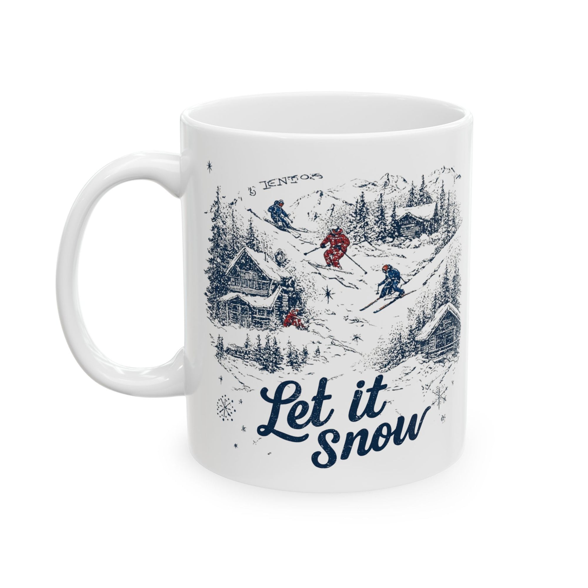 White mug with winter scene and 'Let it snow' text on a white background