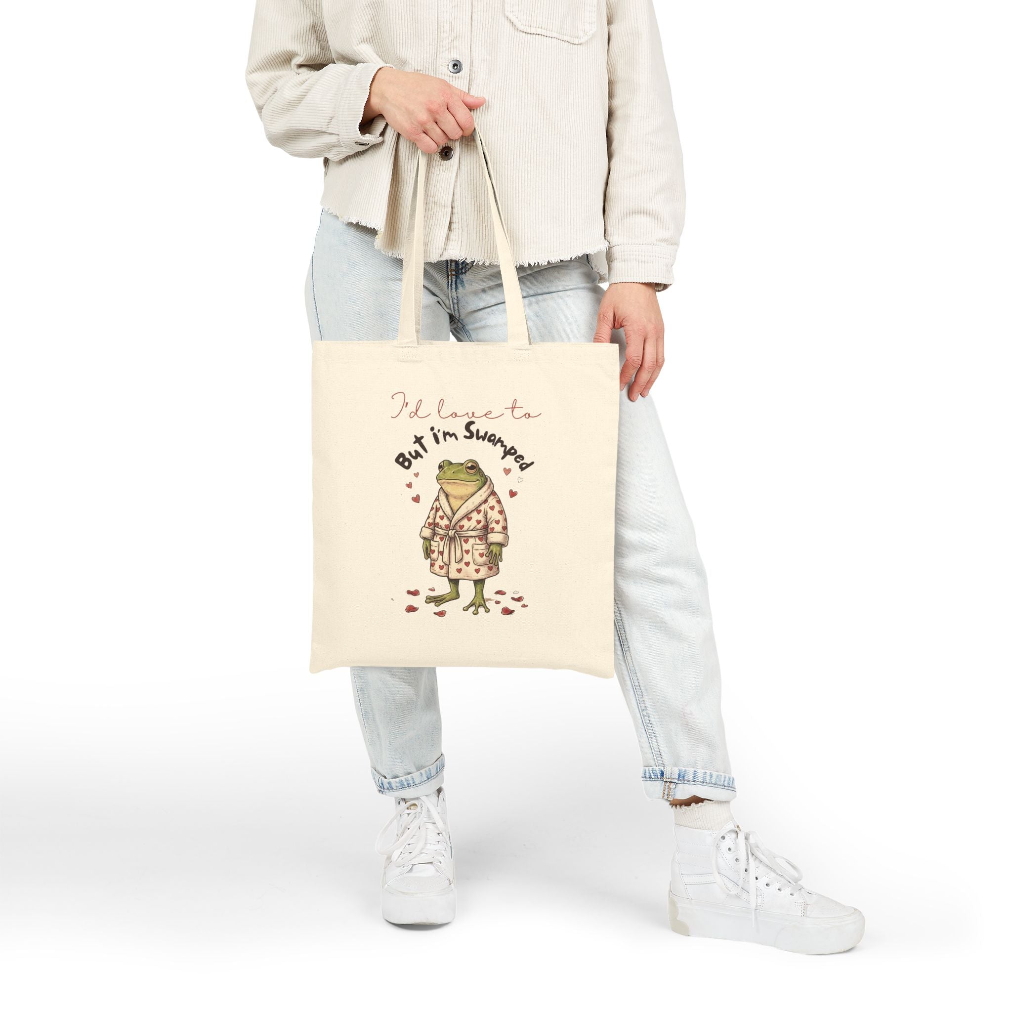 Funny Sarcastic Frog Tote Bag — "I'd Love to But I'm Swamped" Cotton Canvas Reusable