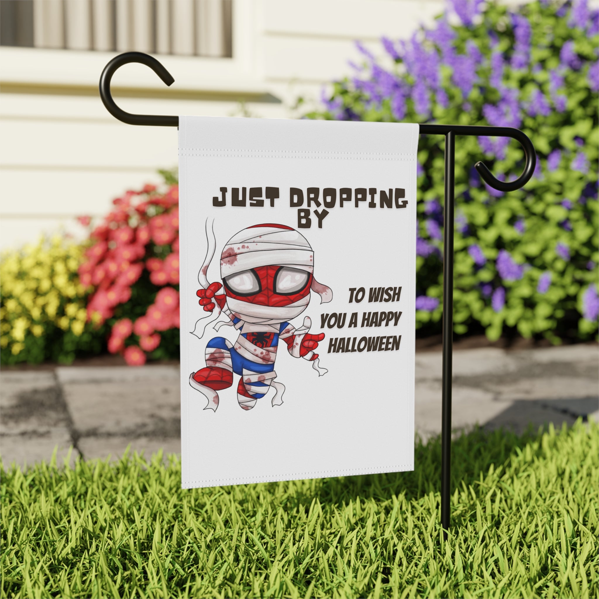 Just Dropping By Happy Halloween Garden Flag 12x18 – Funny Superhero Yard Decor