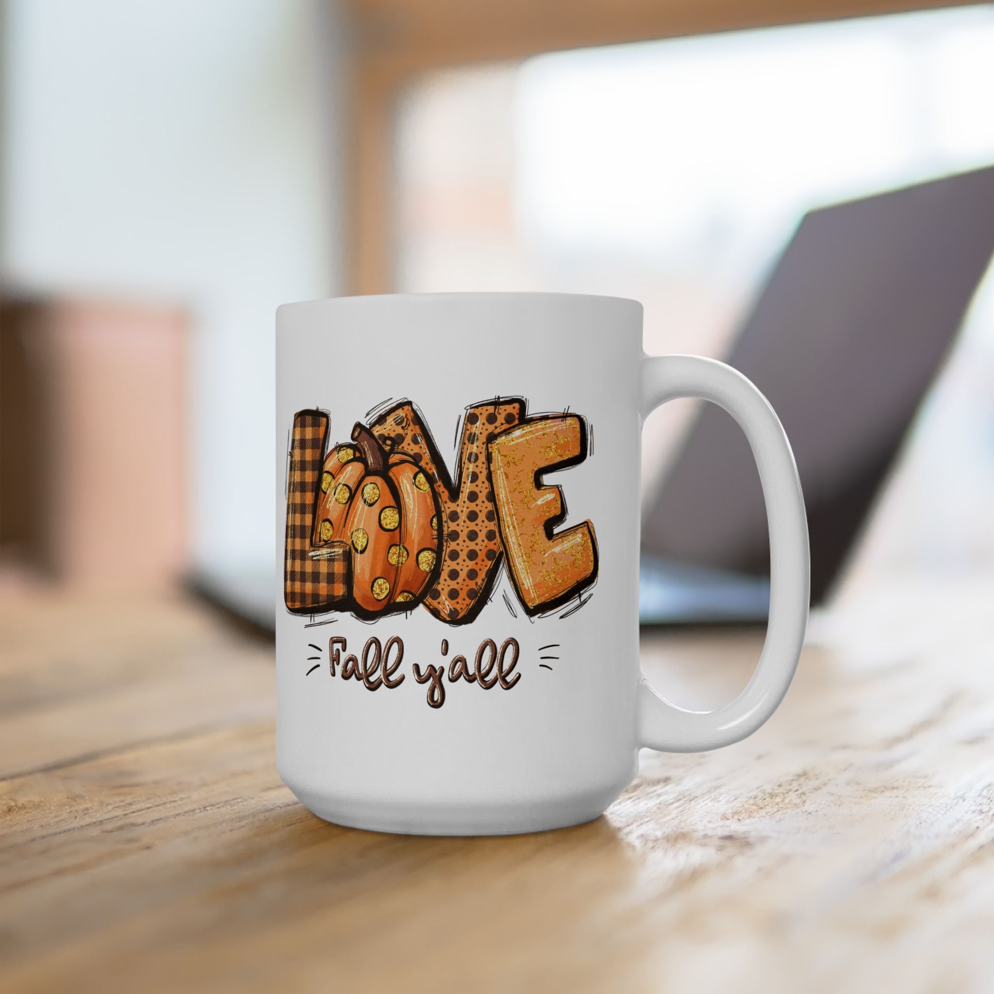 LOVE Fall Y'all – Buffalo Plaid Pumpkin Autumn Coffee Mug (11oz, 15oz)