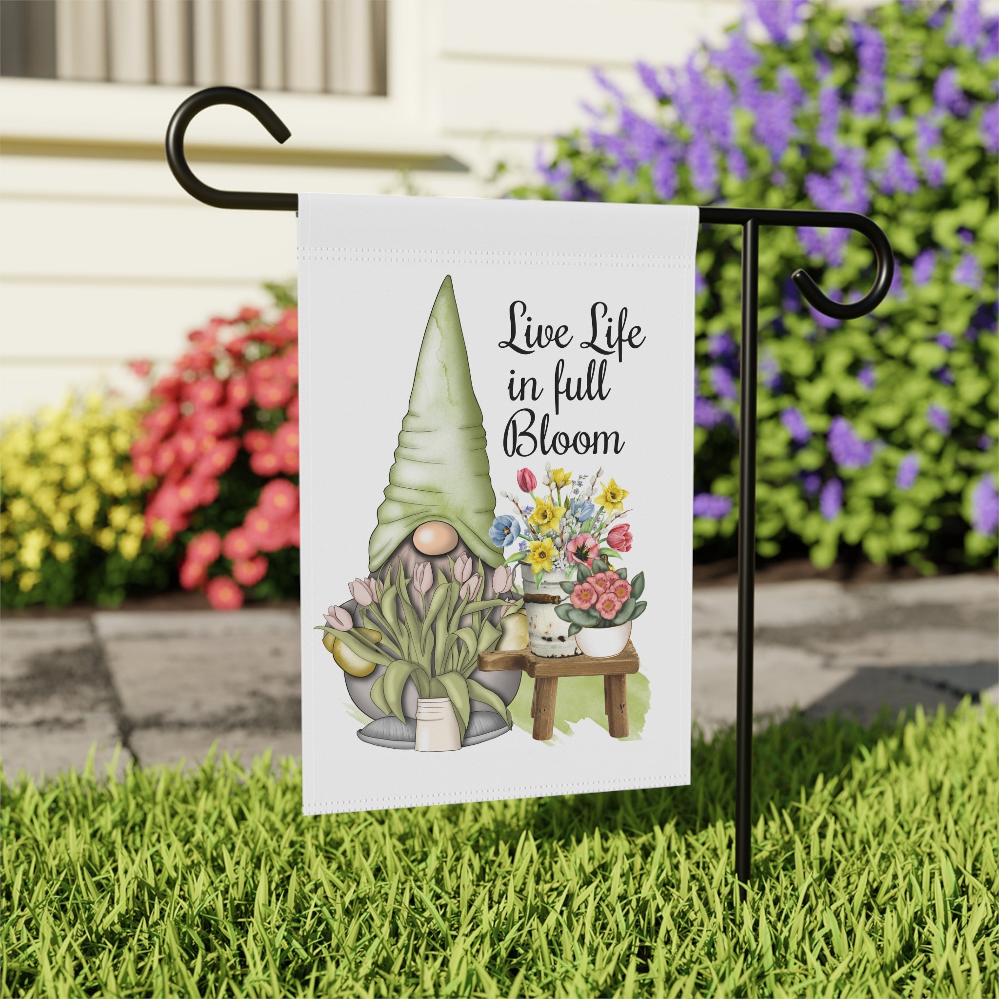 Close-up of Live Life in Full Bloom gnome garden flag with watercolor florals