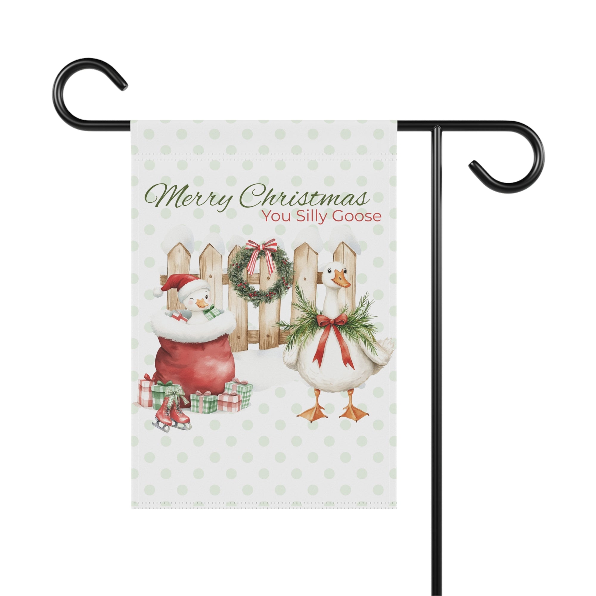 Christmas-themed garden flag with snowman and goose design on a white background