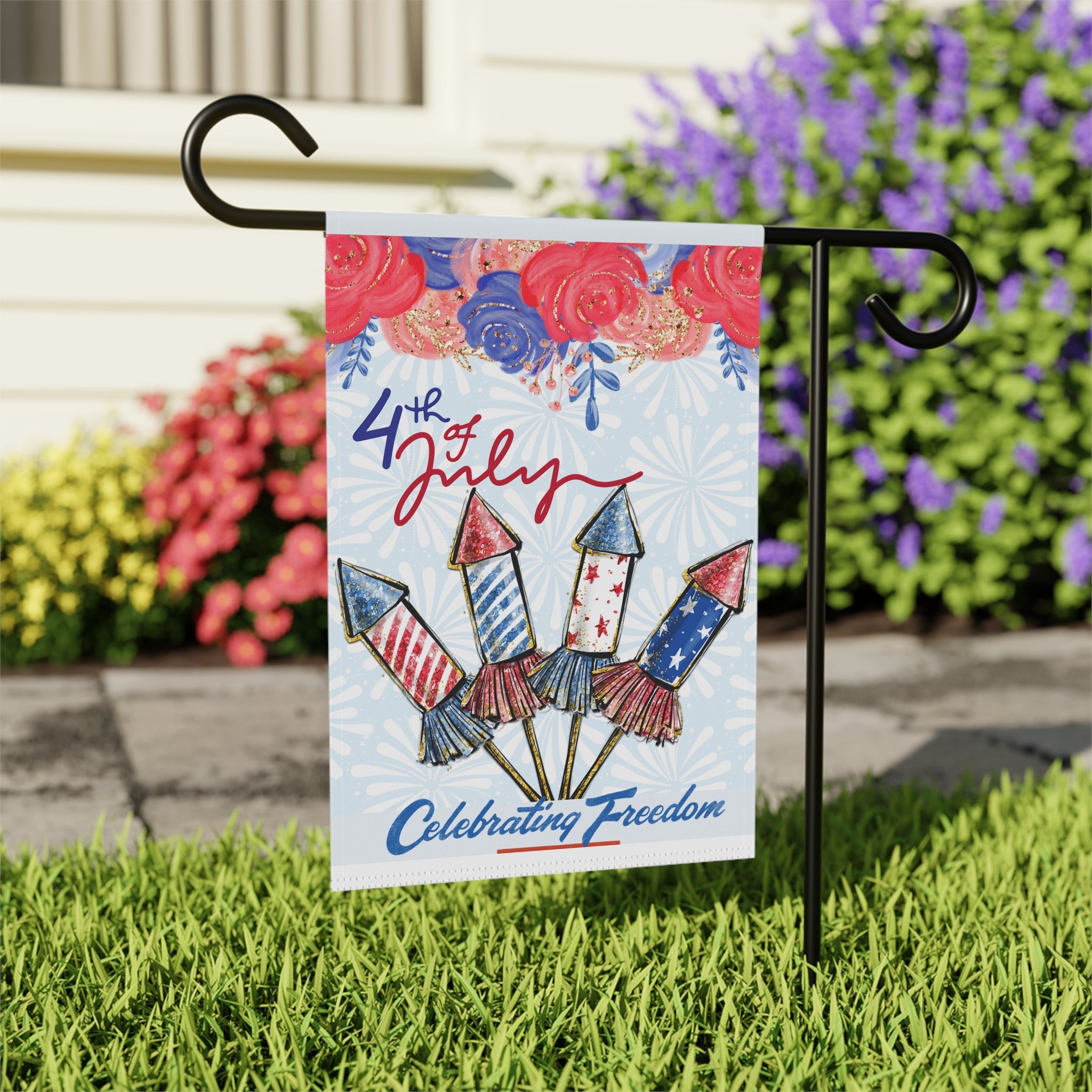 Close-up of Fireworks & Florals garden flag with hand-painted floral details