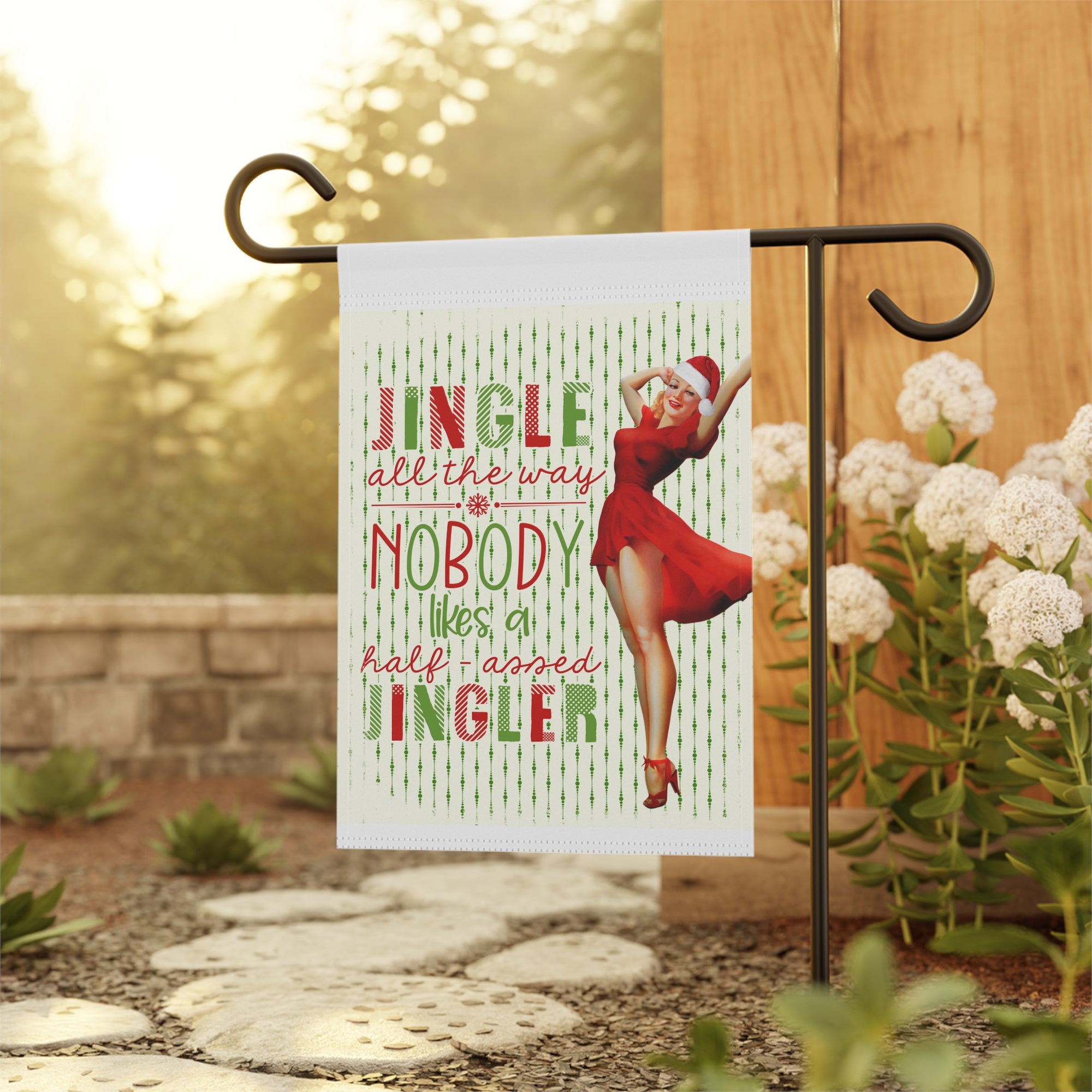 Vintage Pinup Girl Jingle All The Way Christmas Garden Flag 12x18 Retro 1950's Winter Yard Decor