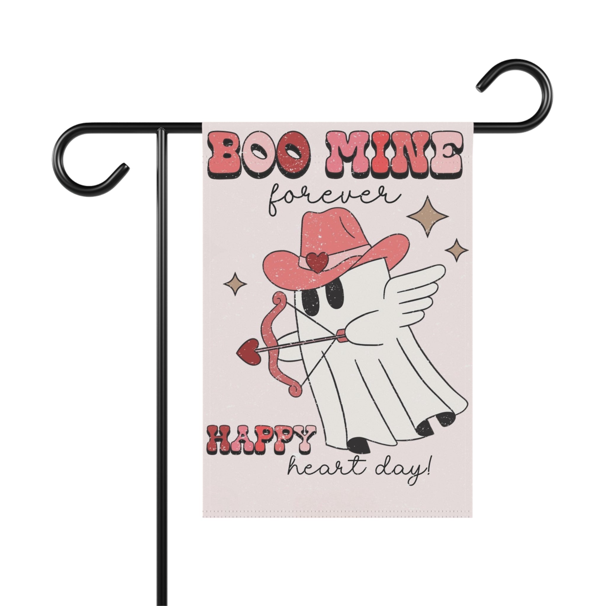 Decorative flag with cartoon ghost in a cowboy hat and bow, text 'Boo Mine forever Happy heart day' on a white background.