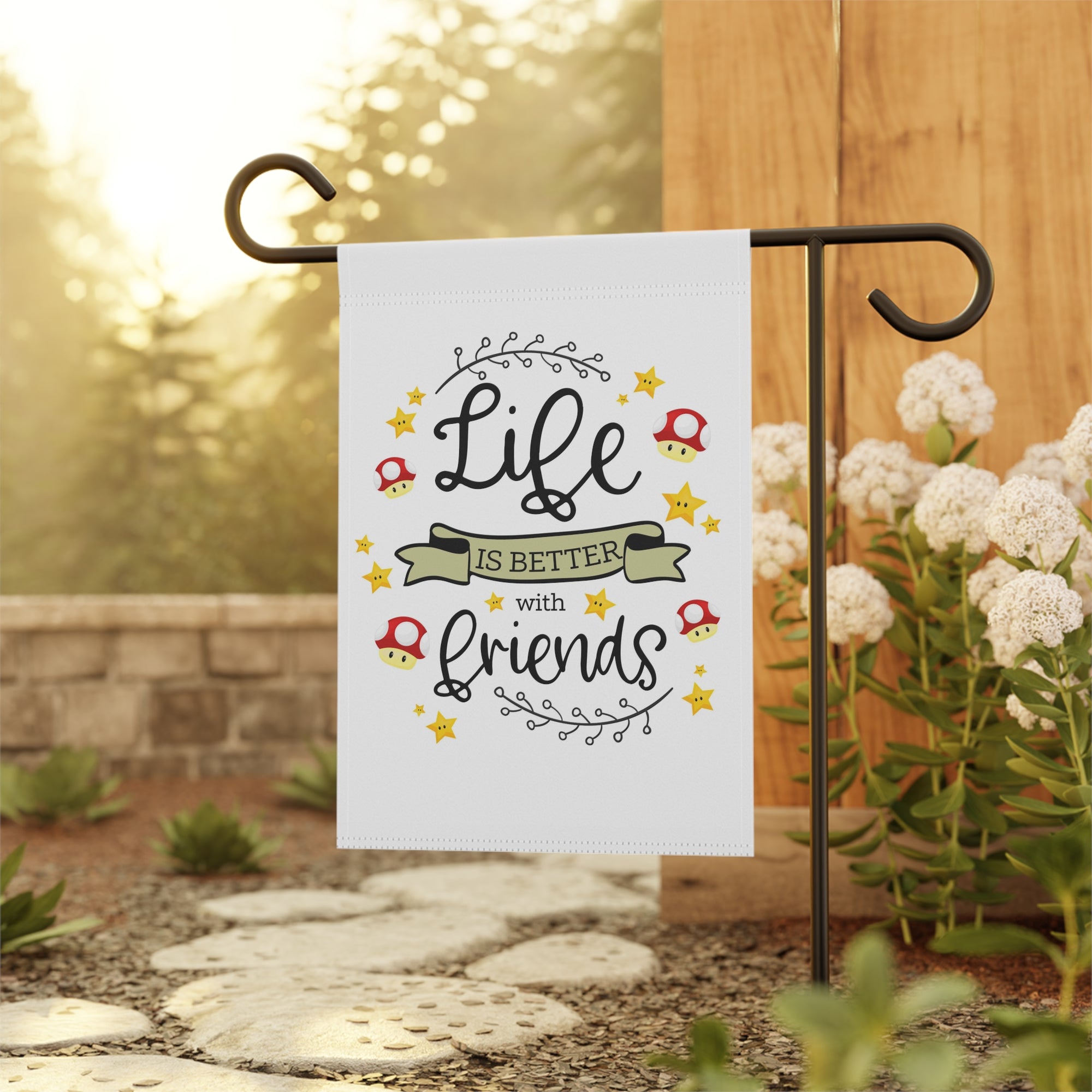 Multiplayer gamer friendship garden flag displayed outdoors on a porch flag stand